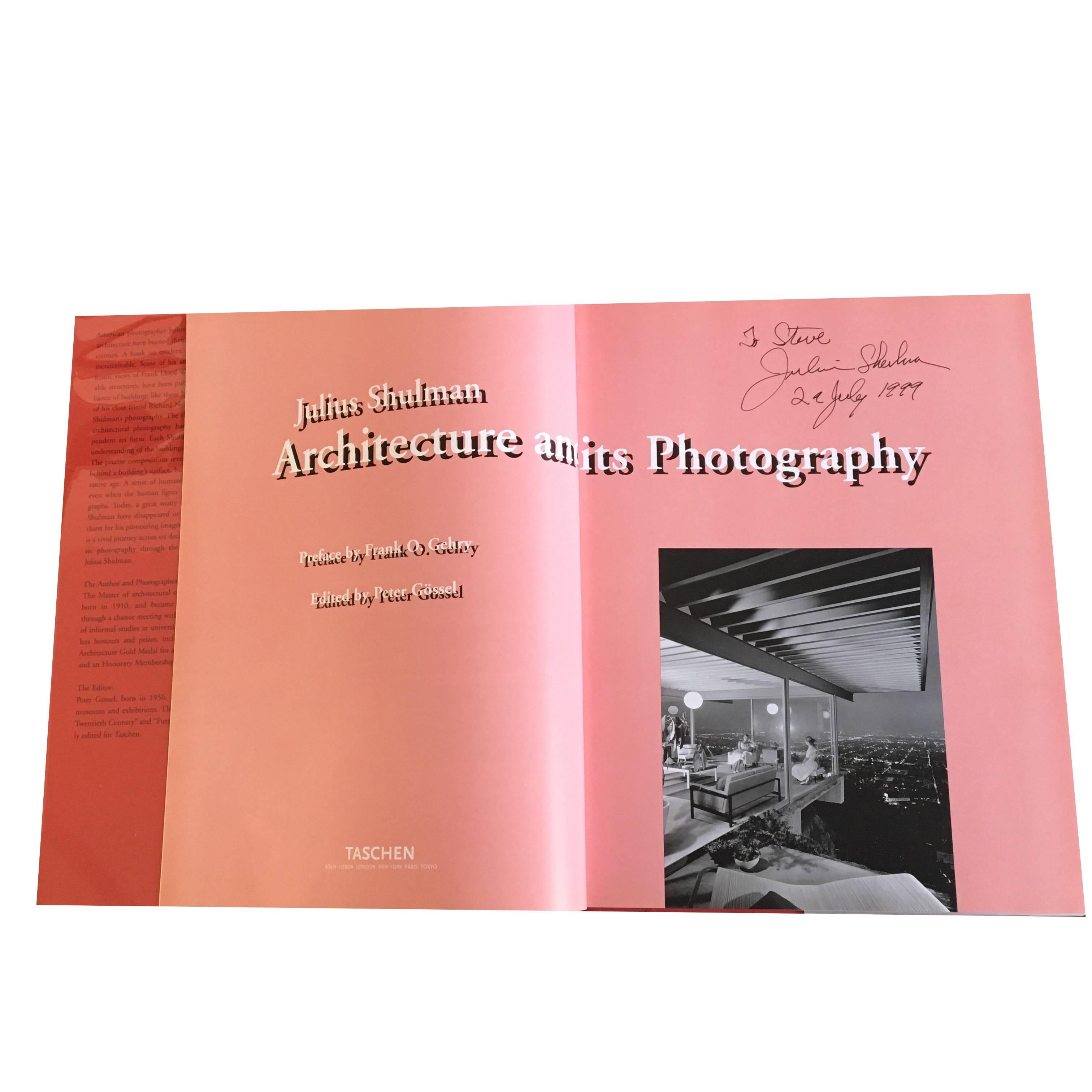 Julius Shulman Architecture and it's photography book published by Taschen. Preface by Frank O. Gehry. Signed by Julius Shulman in 1999. Excellent condition.