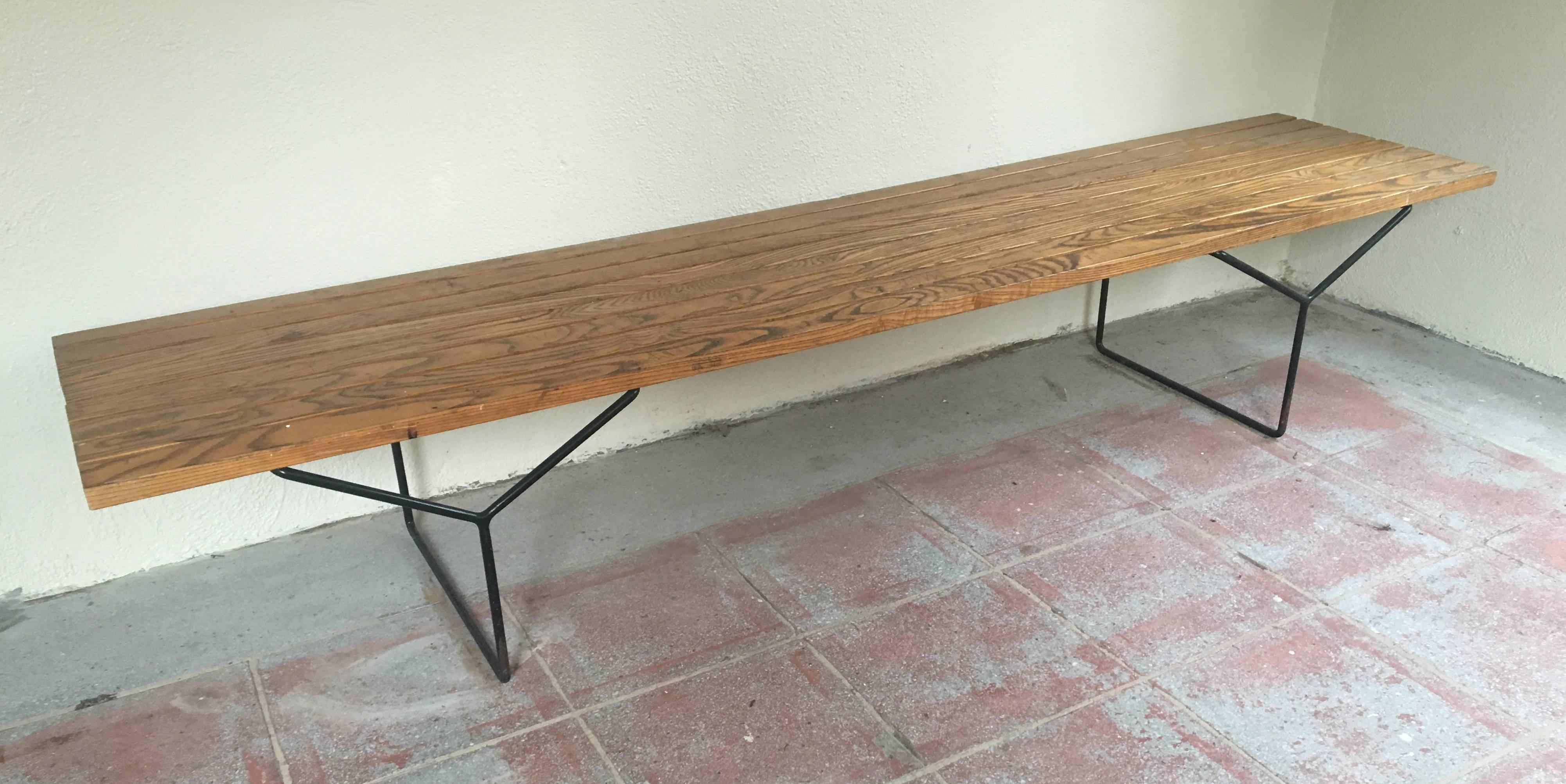 Mid-Century Modern Very Early Harry Bertoia Iron and Wood Slatted Bench for Knoll