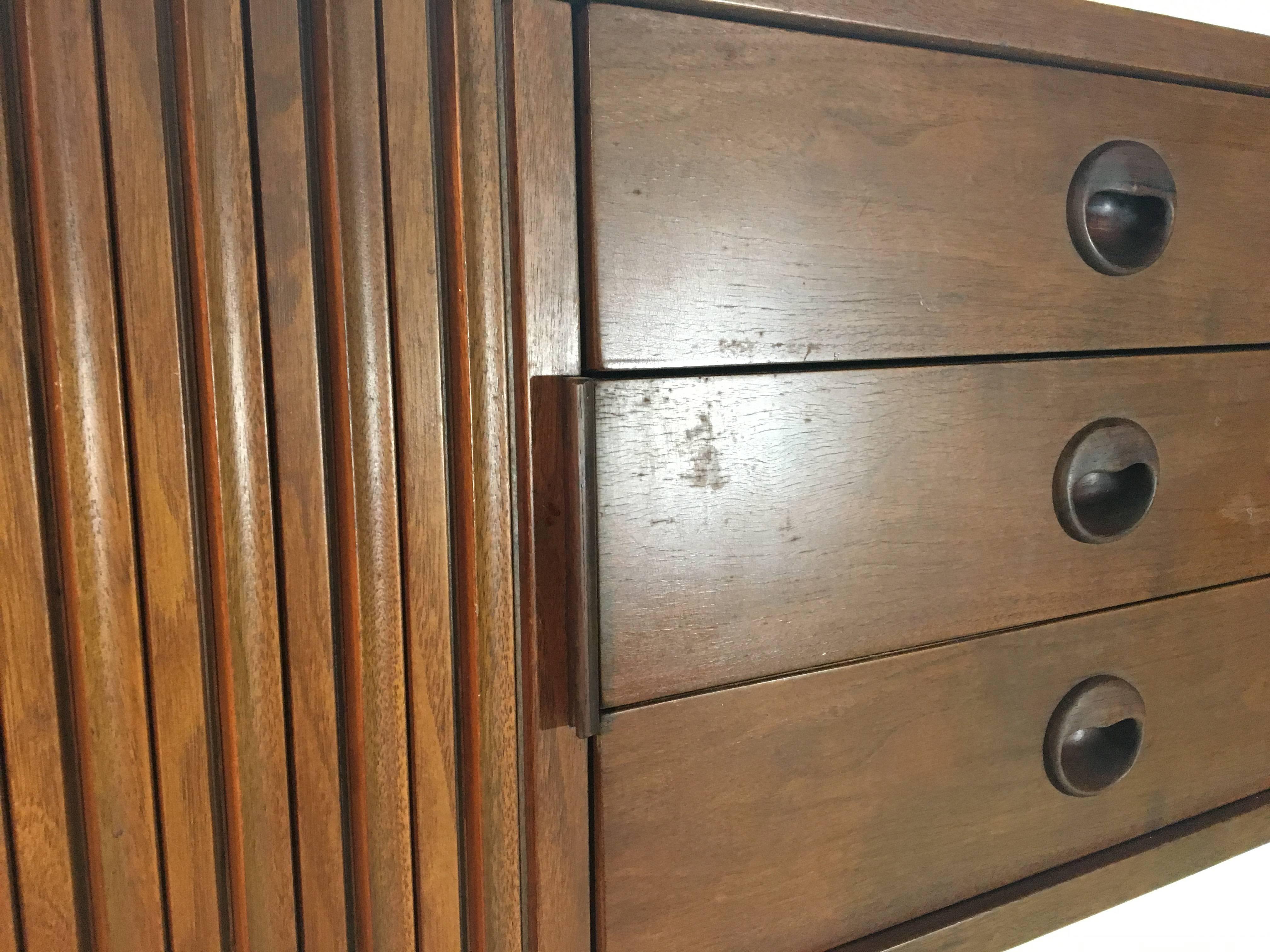 American Walnut Wall Mount Credenza with Tambour Doors by Edward Wormley for Dunbar For Sale