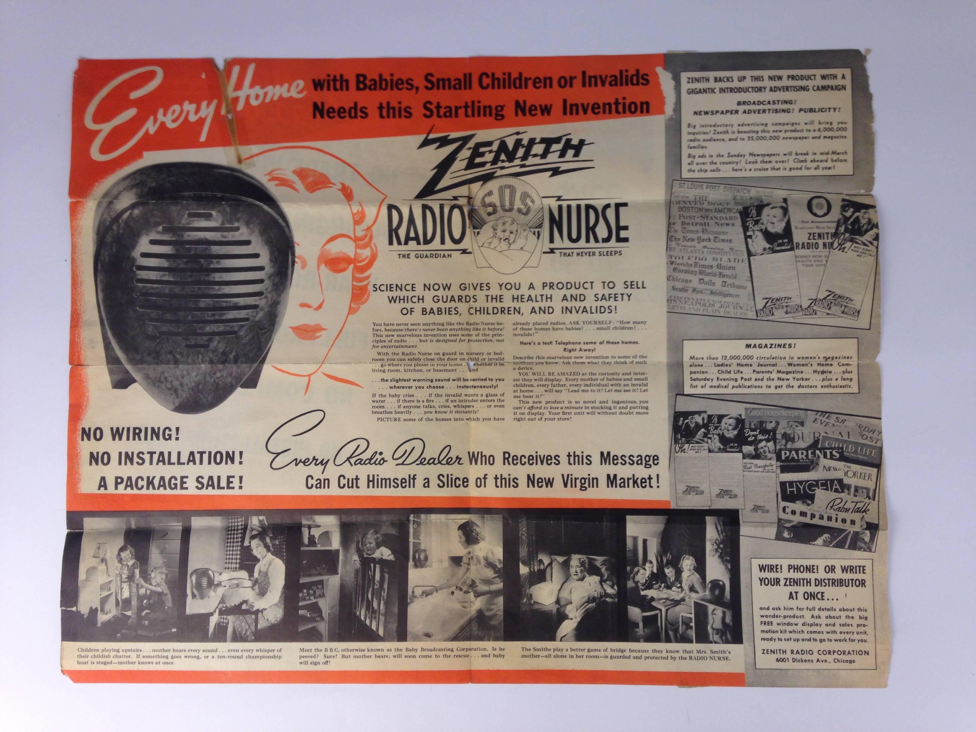 Extremely rare original brochure for the radio nurse designed by Isamu Noguchi for Zenith. Also, registration papers for 