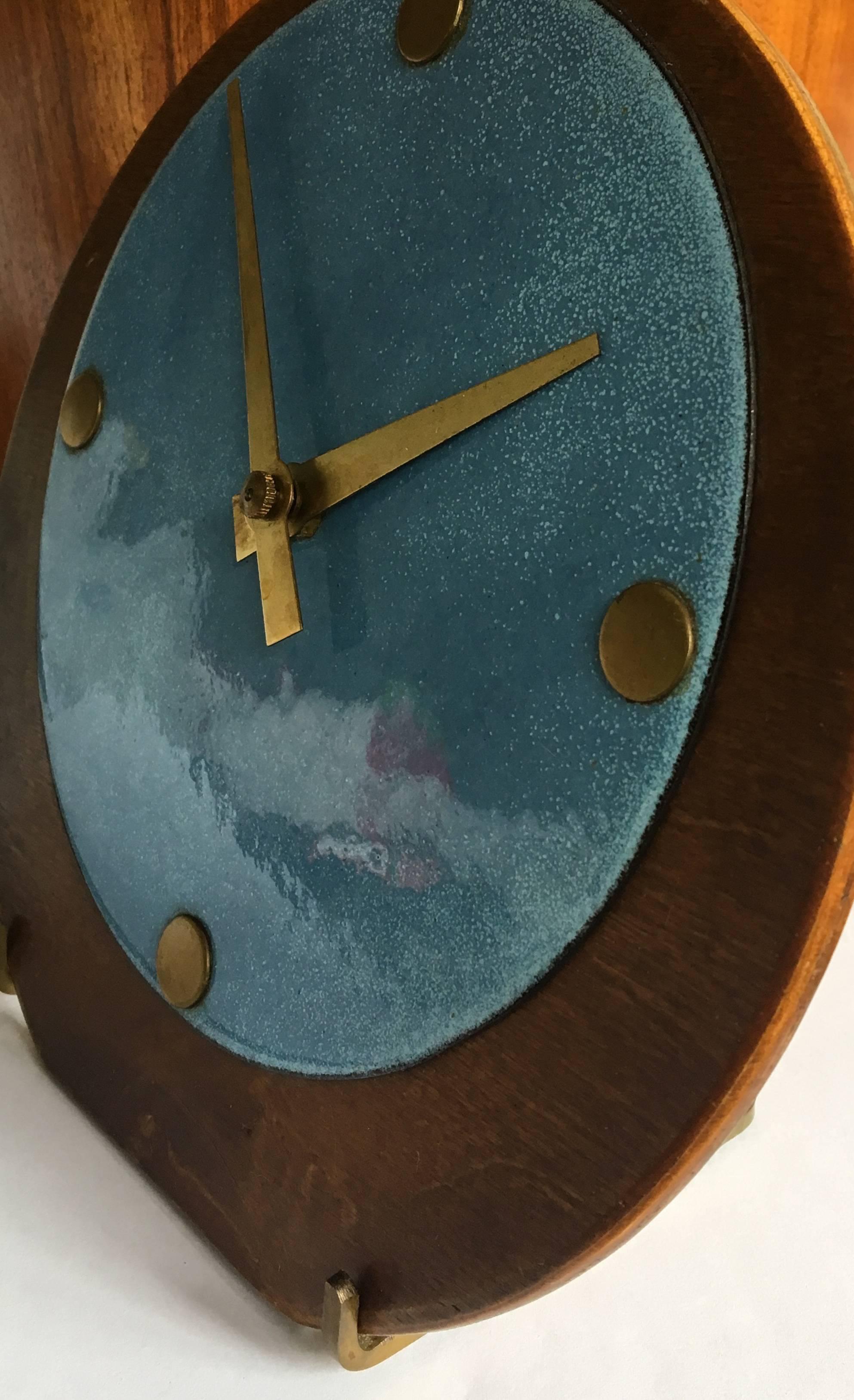Beautiful Mid-Century Brass Wood and Enameled Steel Clock 1