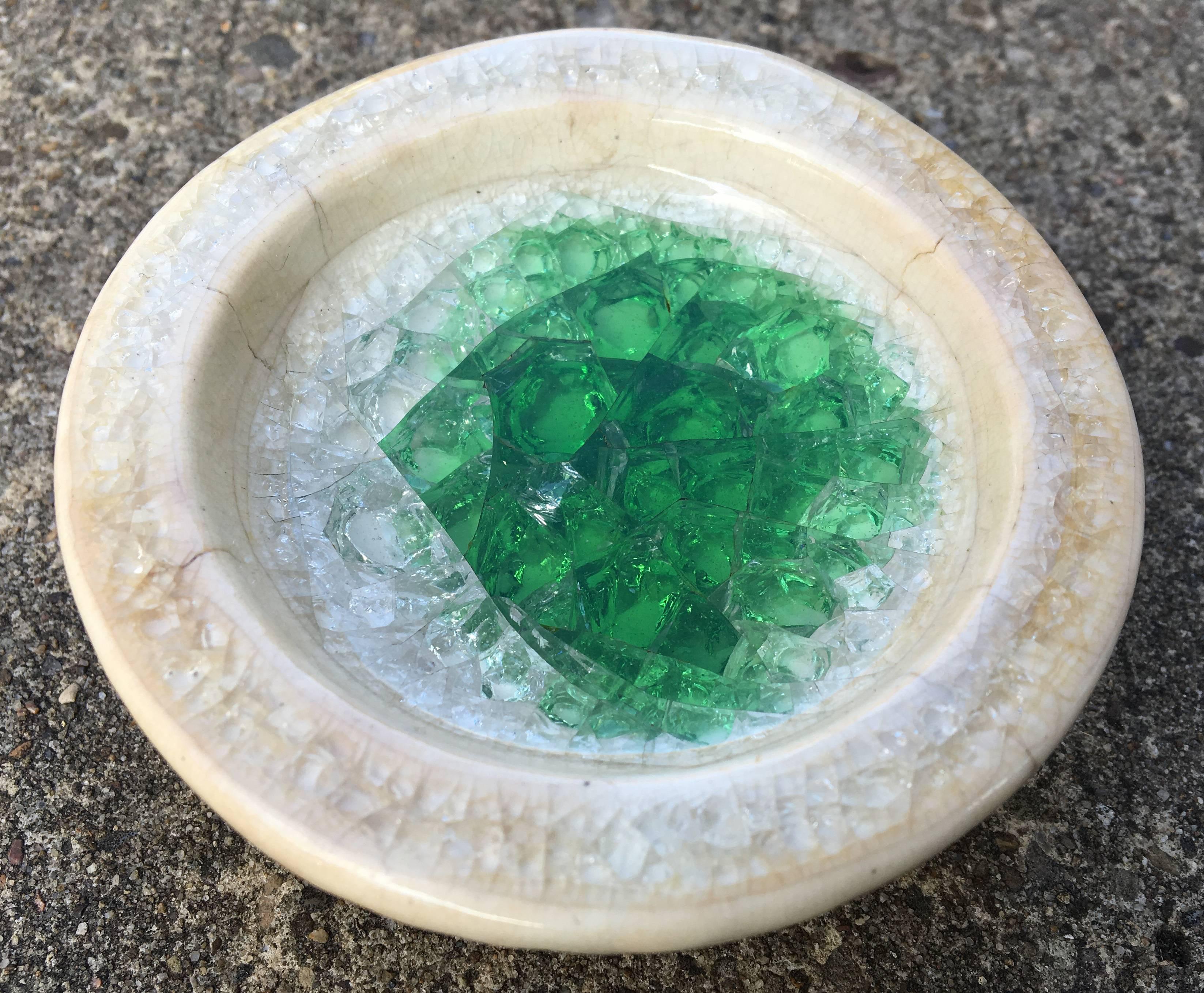 Beautiful small ceramic bowl fused with glass by Waylande Gregory. Signed.