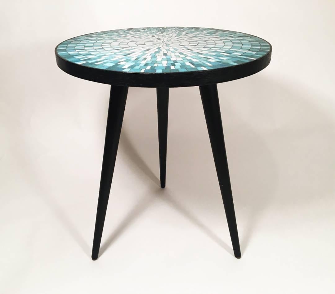Stunning side table with a blue glass tile mosaic top. Exceptional quality.