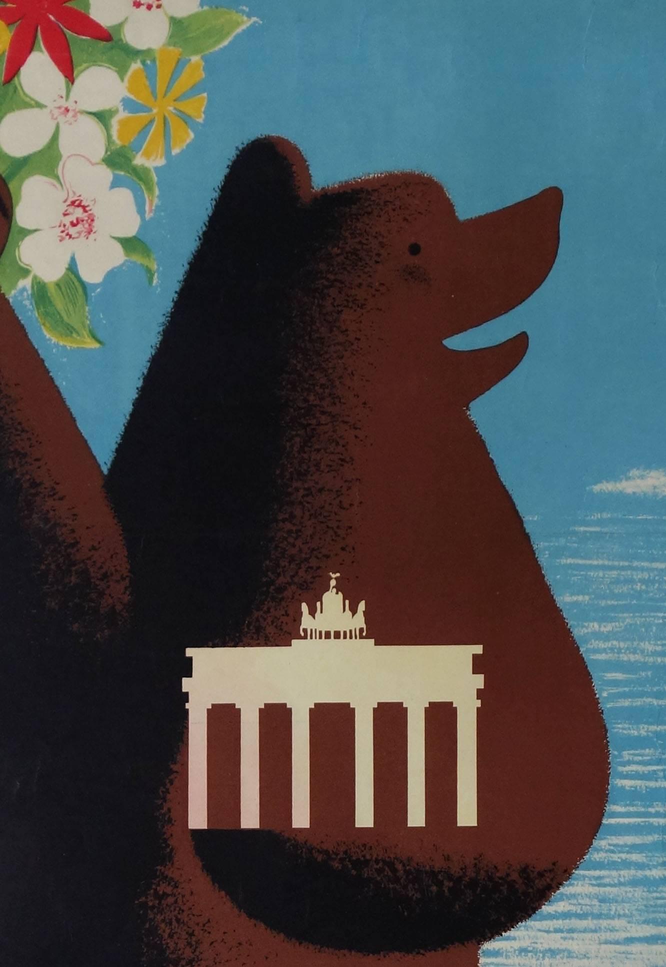 Vintage original travel poster (reading 'Berlin awaits its guests), published only shortly after the end of the second world war by E. Zander in Germany (1949) and designed by Alexander Wagner.

Several tears at the edges; creasing particularly in