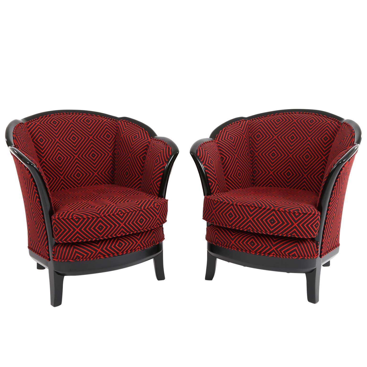 Two French Art Deco Club Chairs, France 1930s in Black-Red Fabric Upholstery For Sale