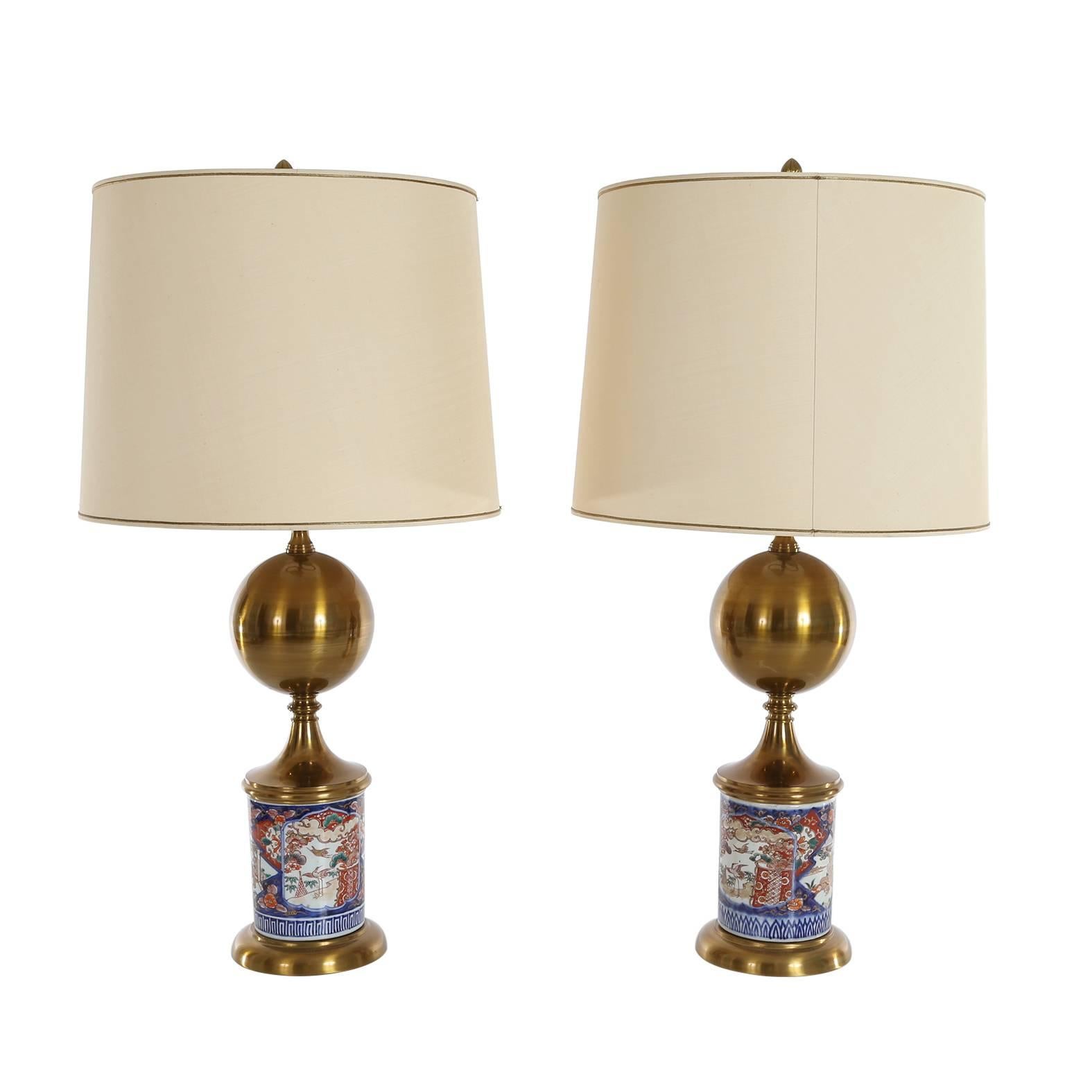 Pair of Midcentury Table Lamps Chinese Decor Porcelain Base For Sale