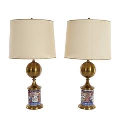 Pair of Midcentury Table Lamps Chinese Decor Porcelain Base