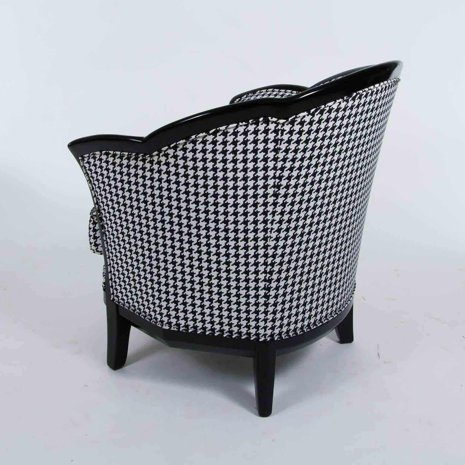 Ebonized Two French Art Deco Club Chairs, France 1930s in Black-White Fabric Upholstery