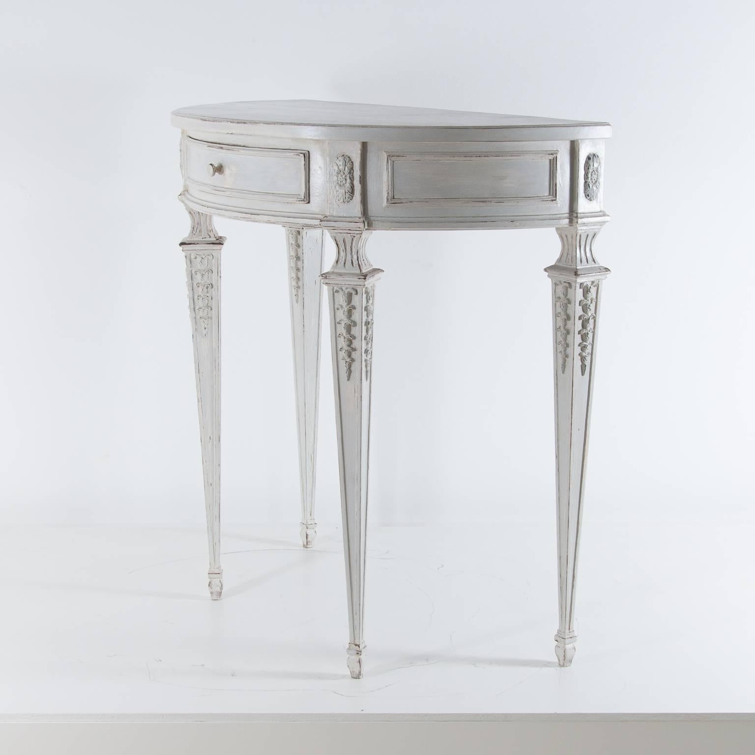 Hand-Carved Pair of Swedish Demi Lune Consoles Louis XVI Style Gustavian Patina
