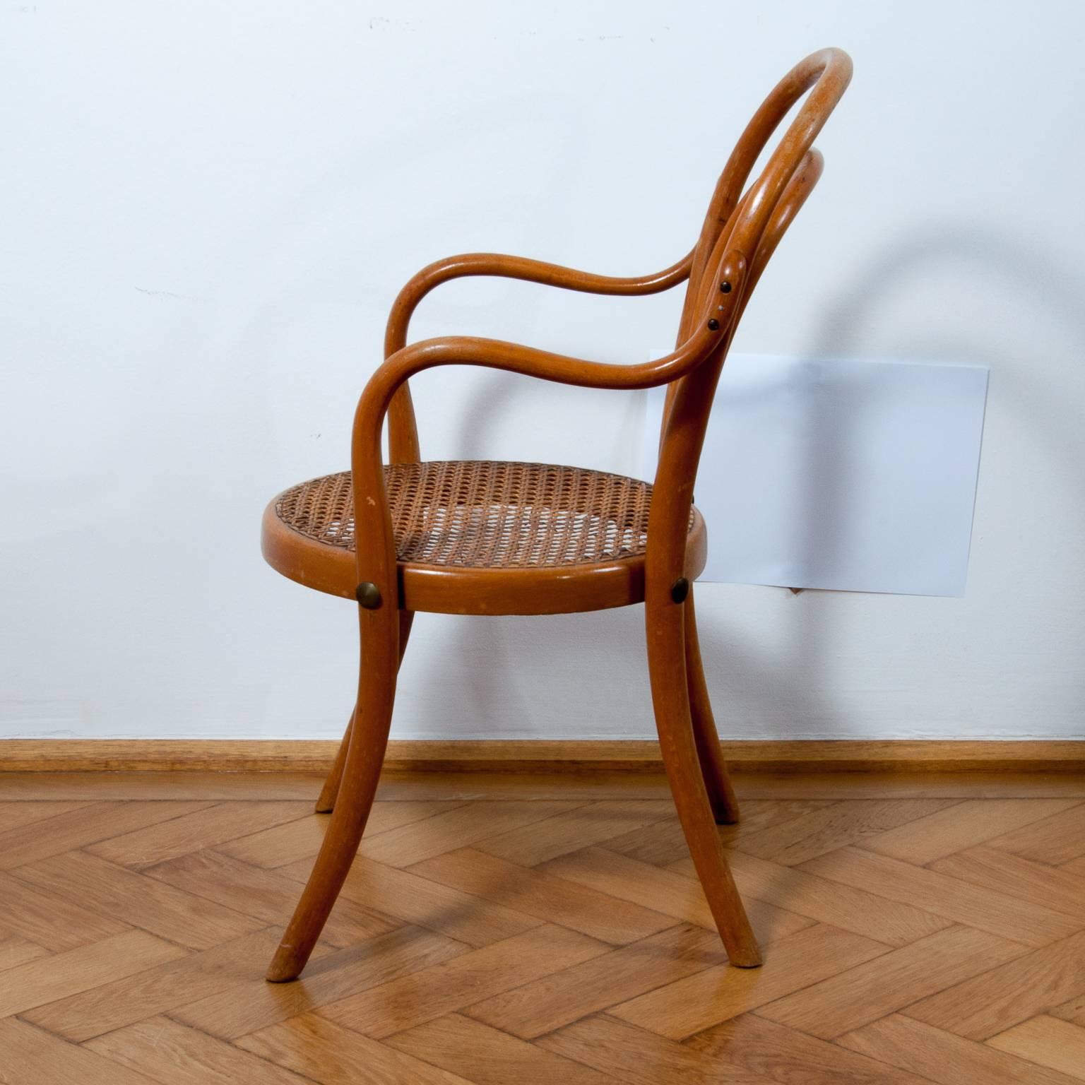 Very rare and antique Thonet chair, which was produced between 1910-1929 and was designed in 1880 by the Gebruder Thonet.
The company Thonet was founded by Michael Thonet and was greatly expanded by their sons. They perfected the process of bending