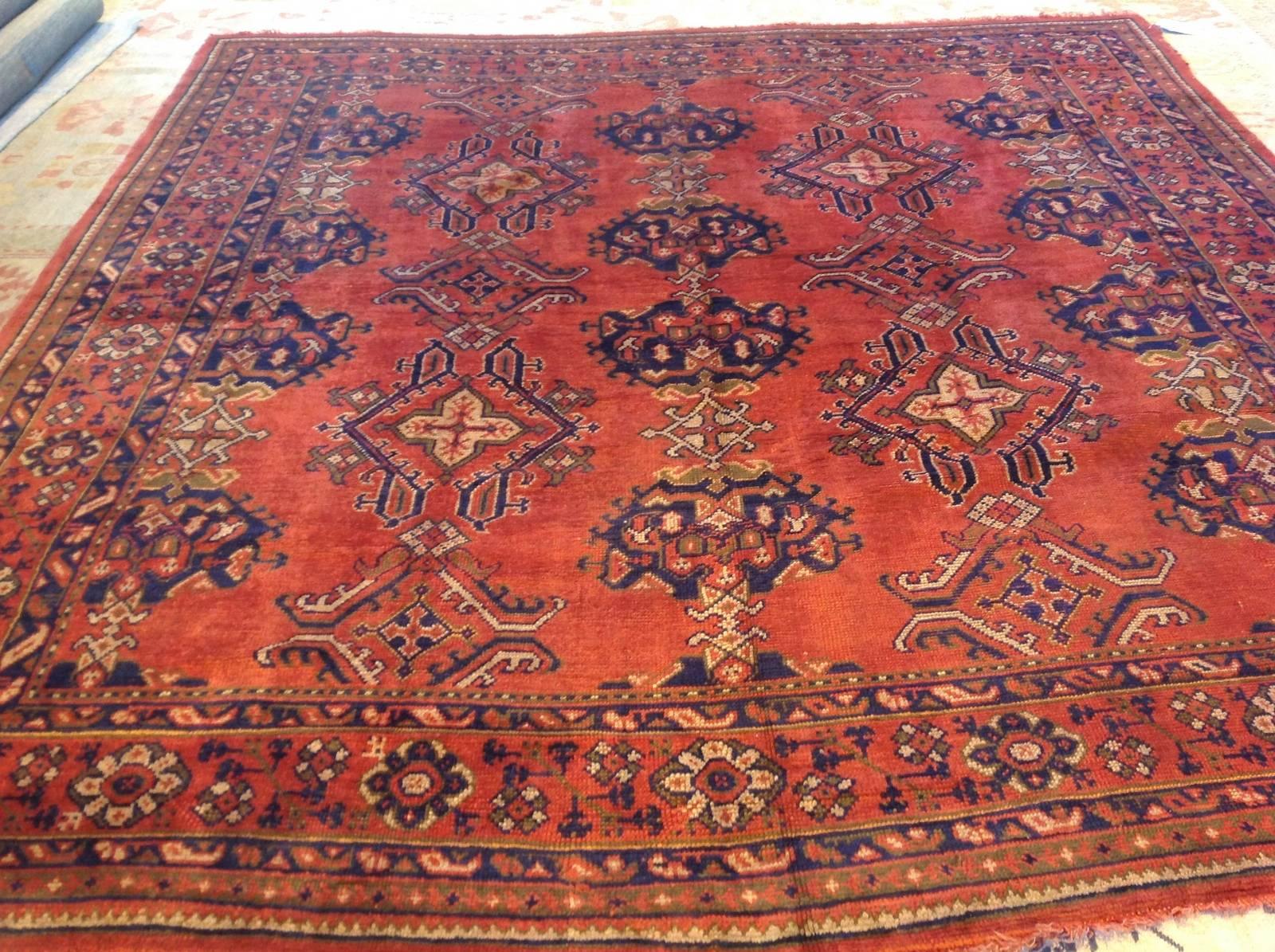 Hand-Knotted Square Red Antique Oushak Rug For Sale