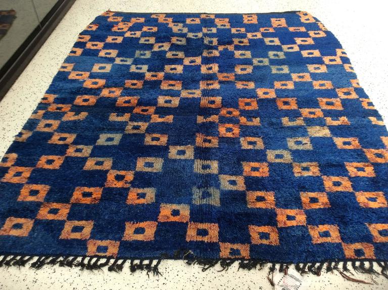 Blue Moroccan Rug with Orange Boxes For Sale at 1stdibs