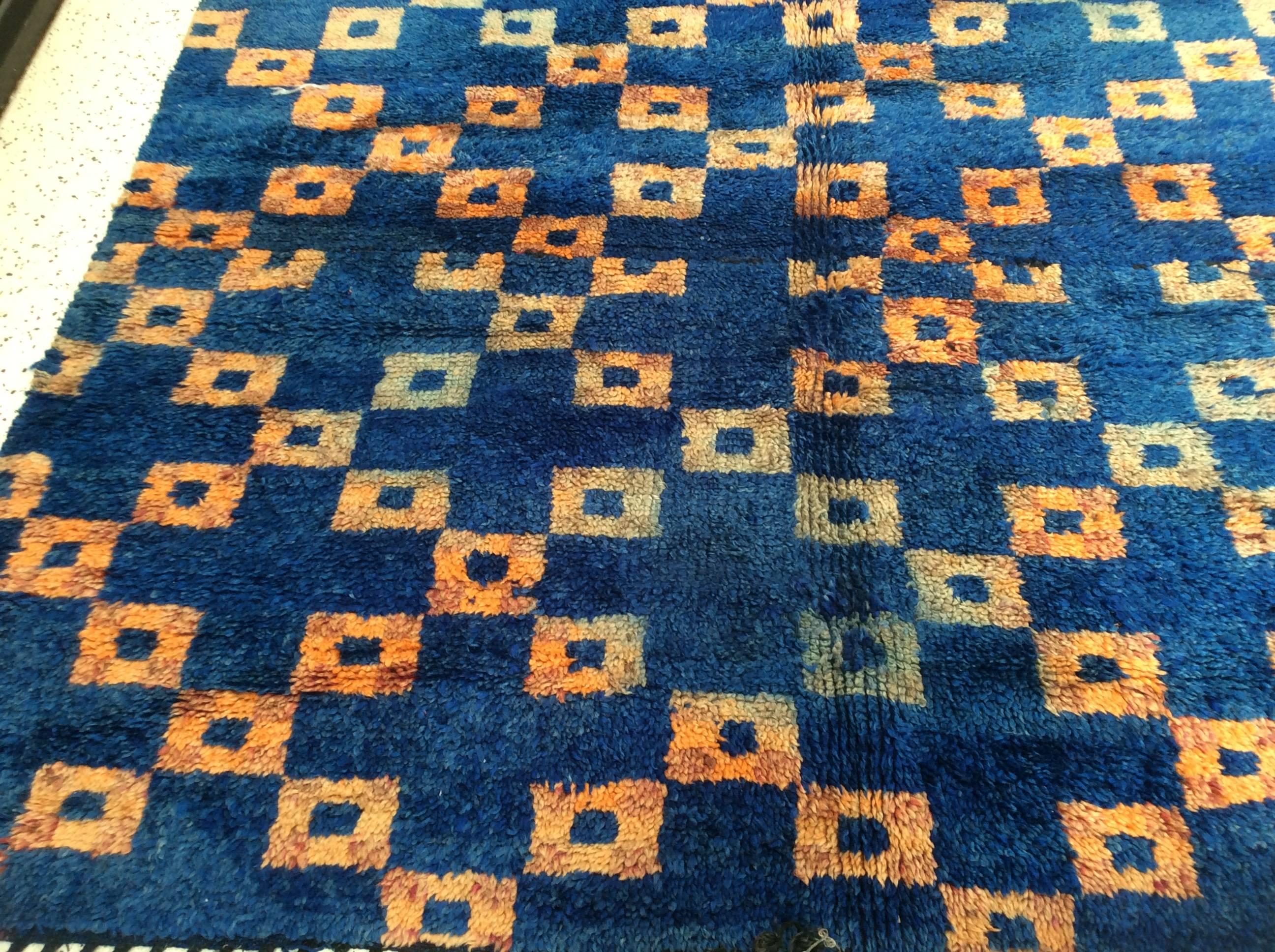 Hand-Knotted Blue Moroccan Rug with Orange Boxes For Sale