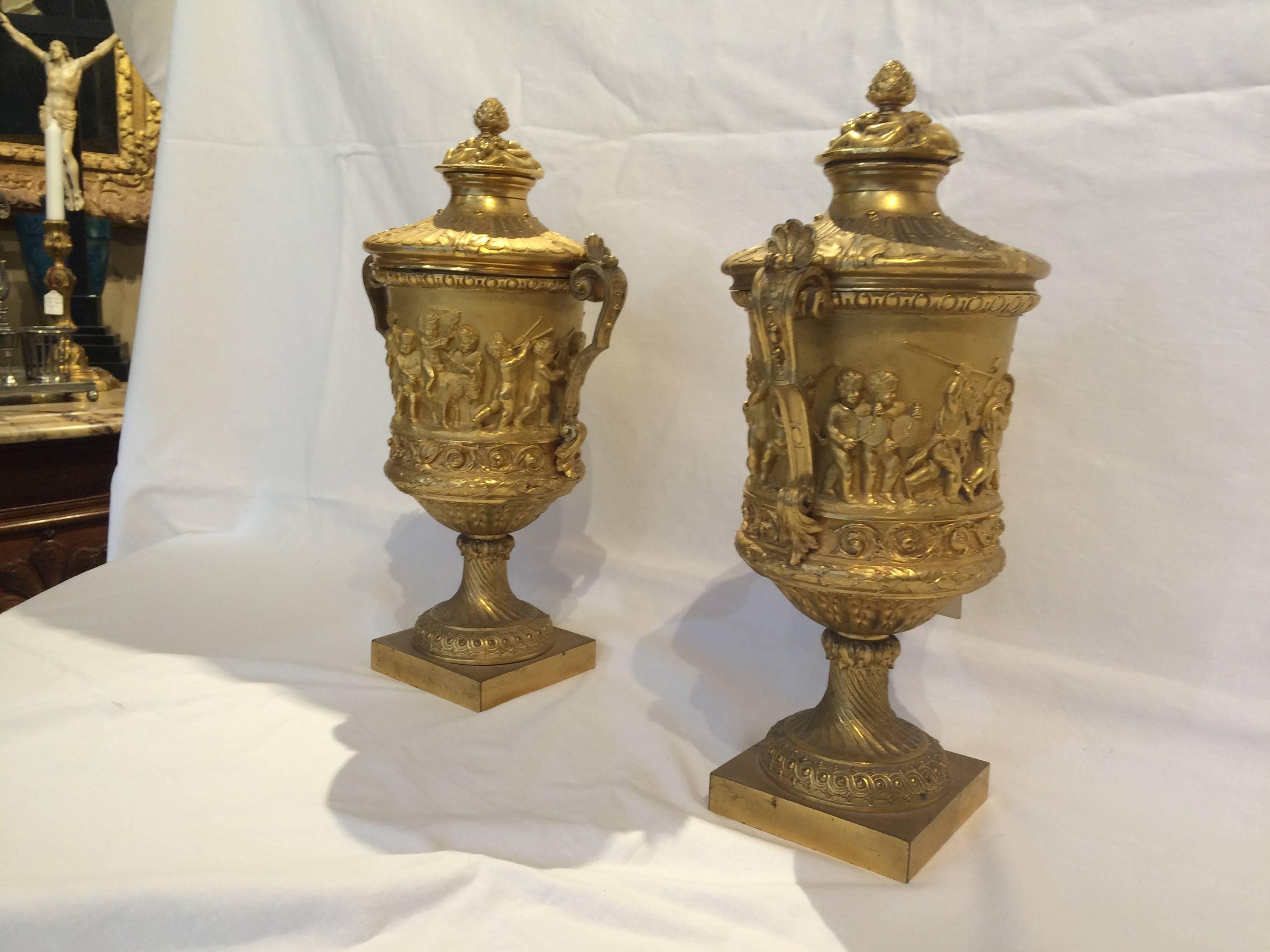 19th Century Beautiful Pair of Gilded Bronze Vases with Tops, Attributed to Beurdeley