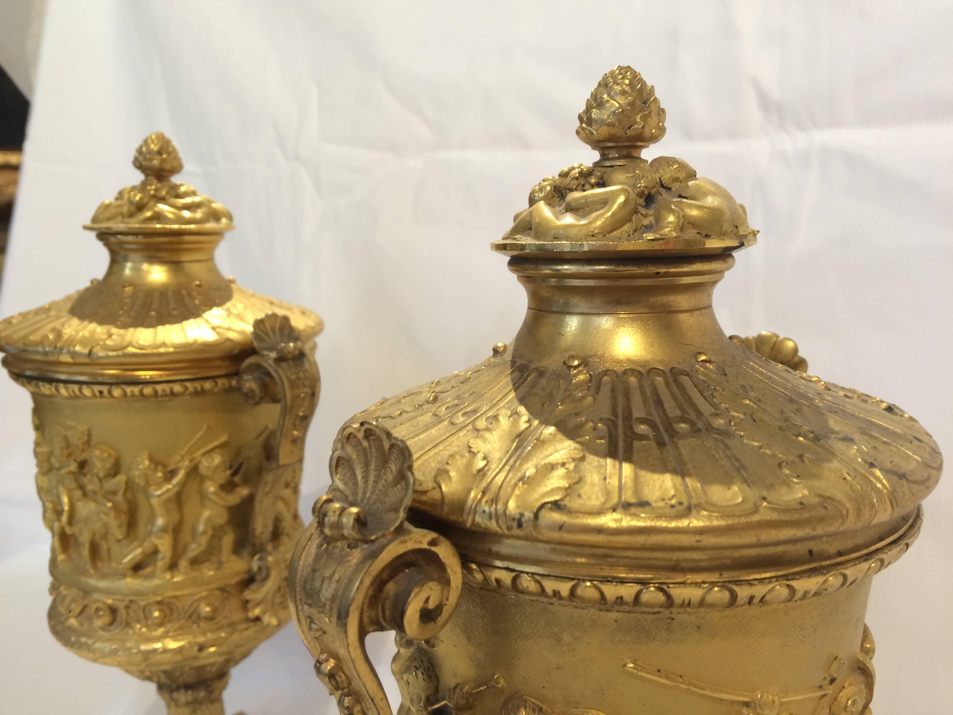 Gilt Beautiful Pair of Gilded Bronze Vases with Tops, Attributed to Beurdeley