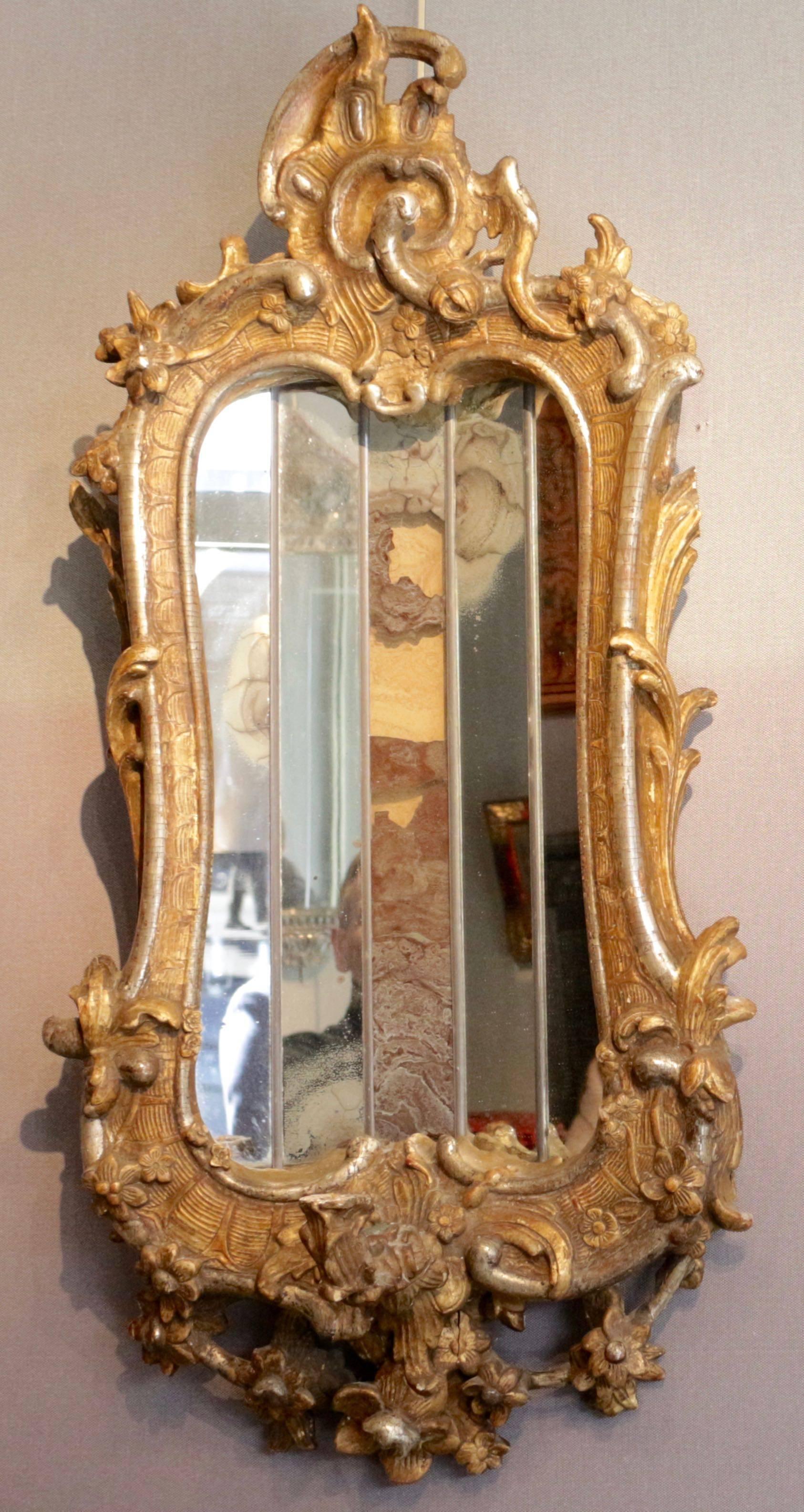 Rococo Fantastic Pair of Italian Mirrors, Giltwood and Silvered Wood, 18th Century