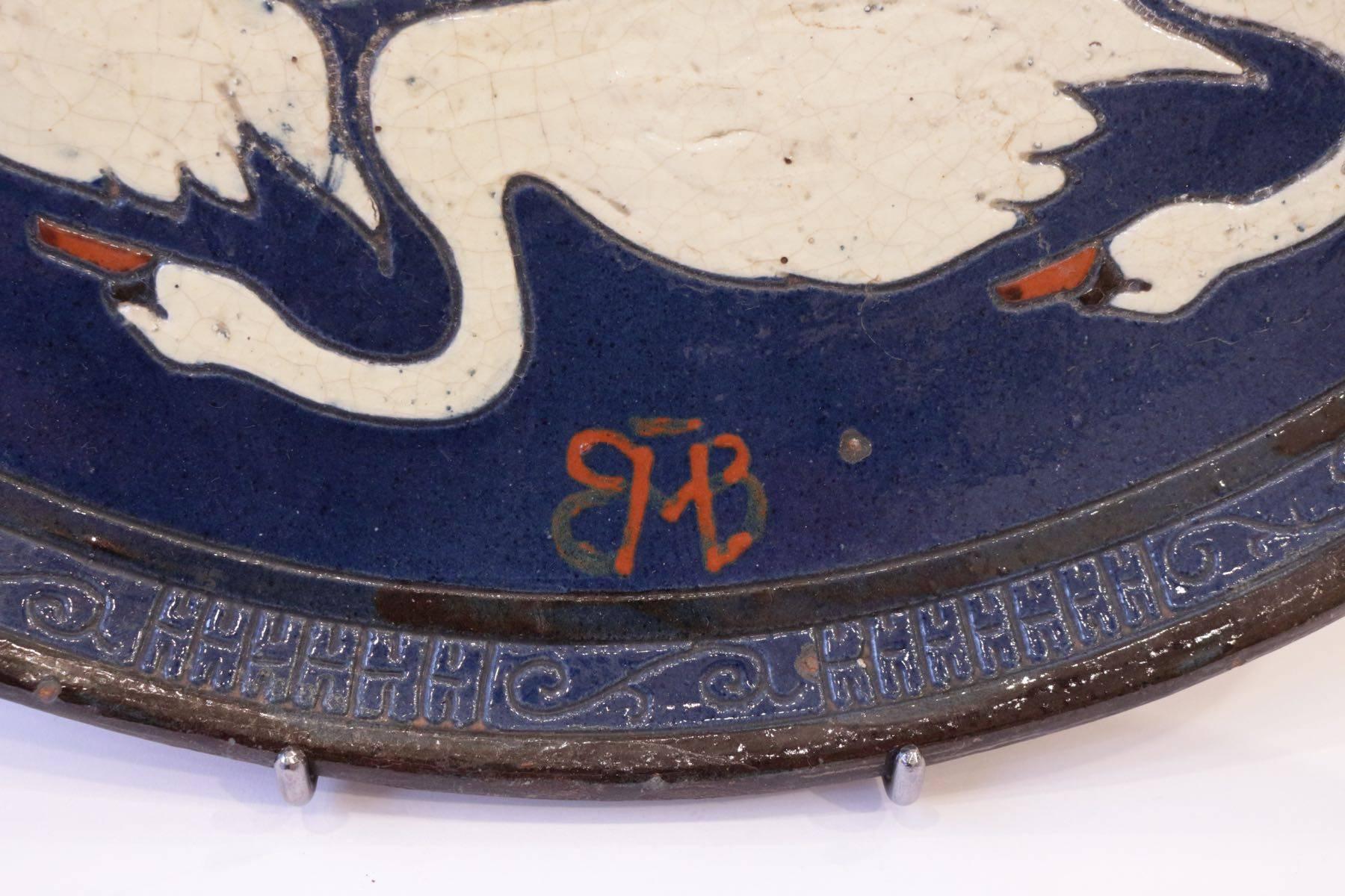 French Rare Sandstone Enameled Dish by Paul Jacquet with a Decor of Swans, circa 1915