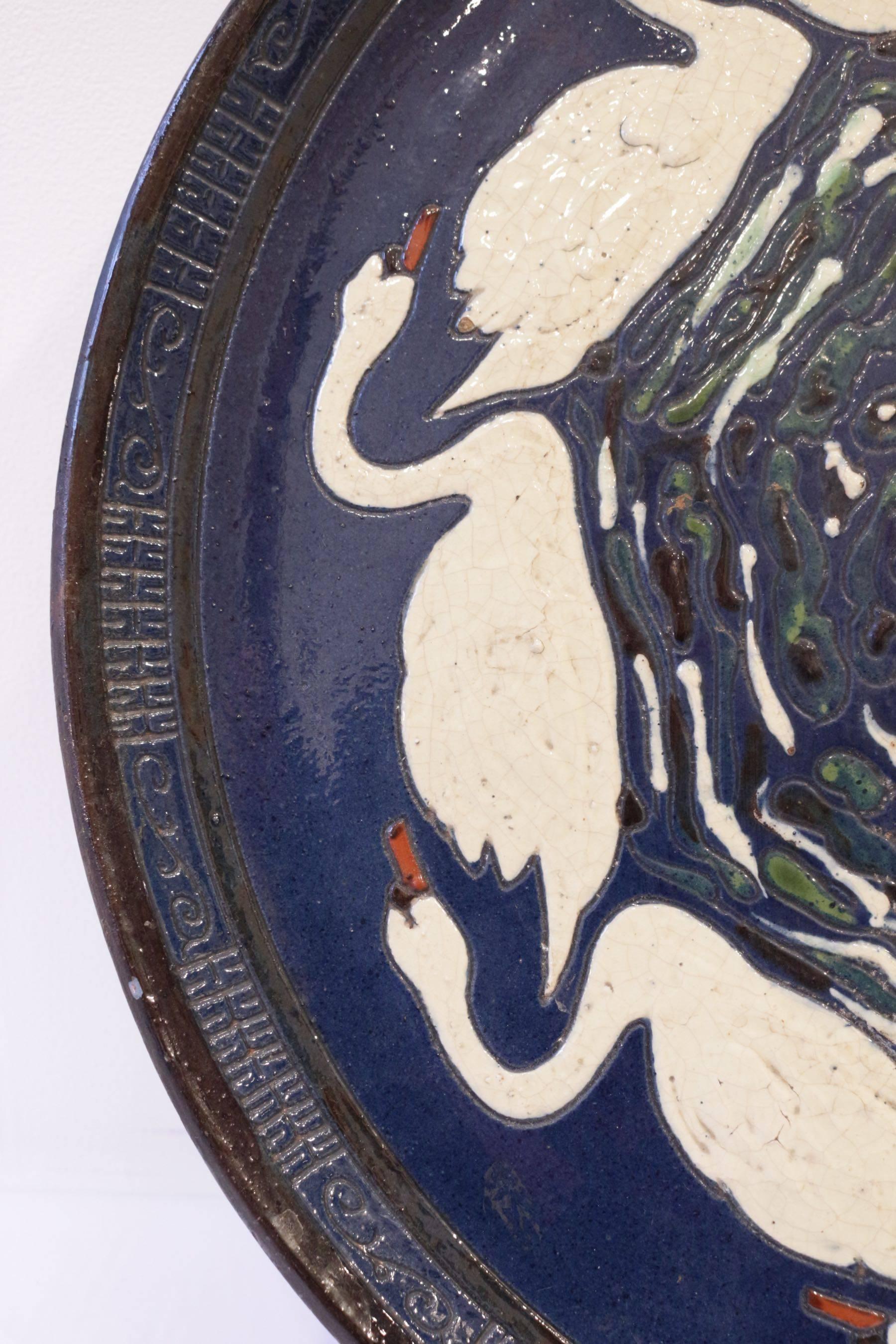 Rare Sandstone Enameled Dish by Paul Jacquet with a Decor of Swans, circa 1915 In Excellent Condition In Saint-Ouen, FR