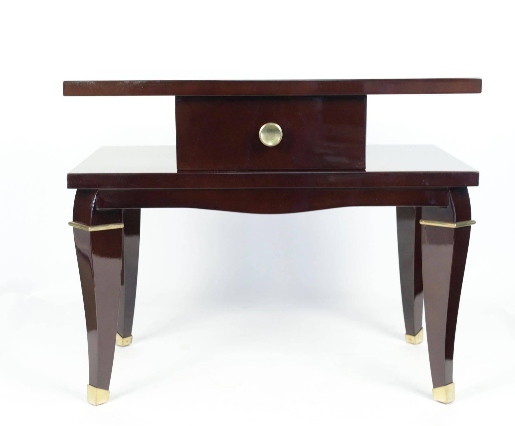 Nice pair of 1950s bedside tables (nightstands), lacquered mahogany, gilded bronze ornaments,
dark brown (marron nuage)

 