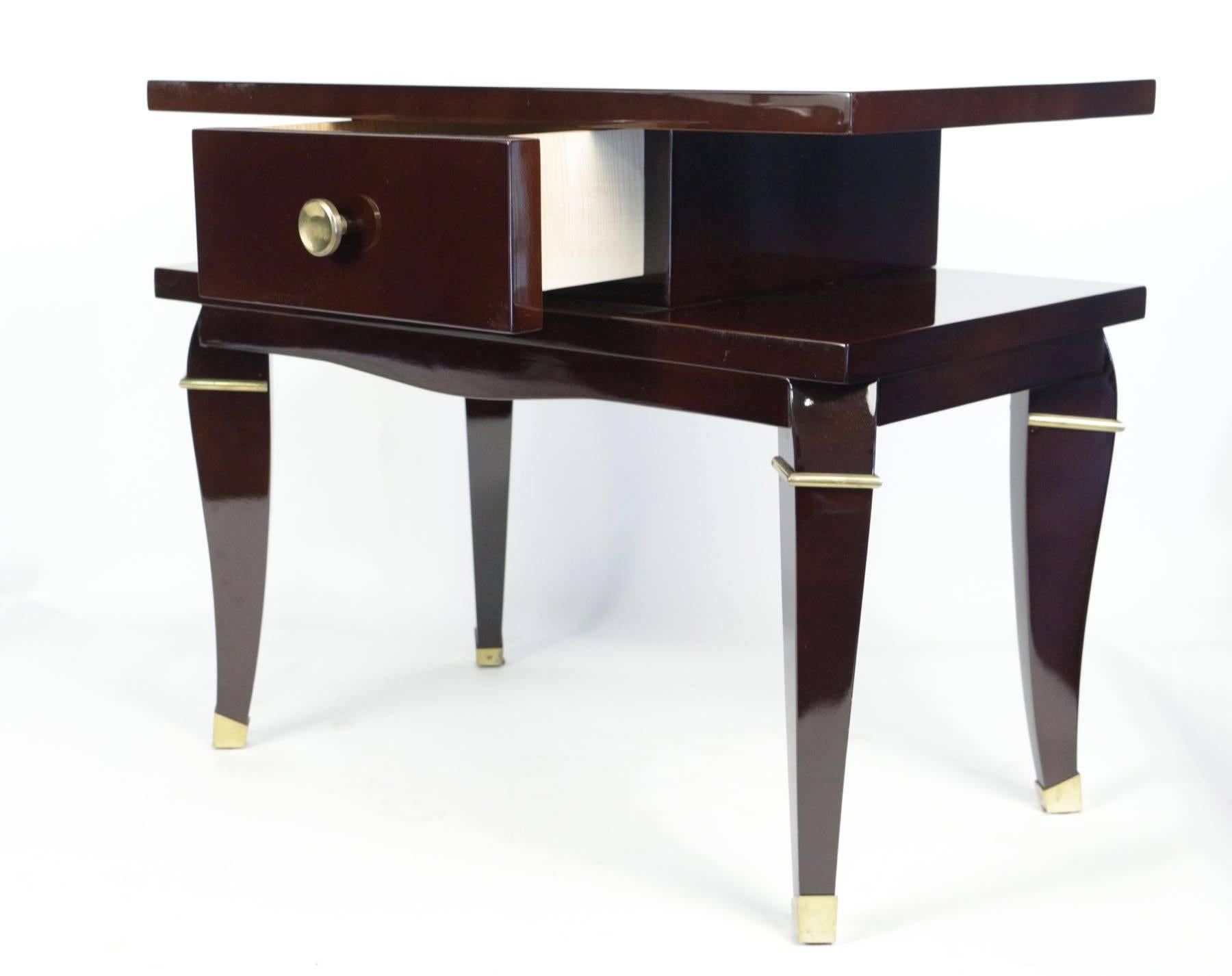 Nice Pair of 1950s Bedside Tables, Lacquered Mahogany, Gilded Bronze Ornaments In Excellent Condition In Saint-Ouen, FR