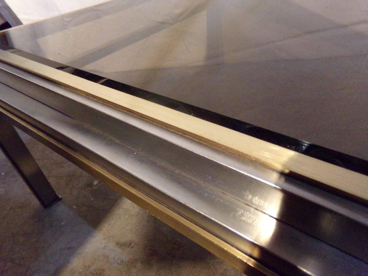 French Nice Willy Rizzo Coffee Table, 1970s, Chrome / Gilded Chrome, Smoked Glass Top