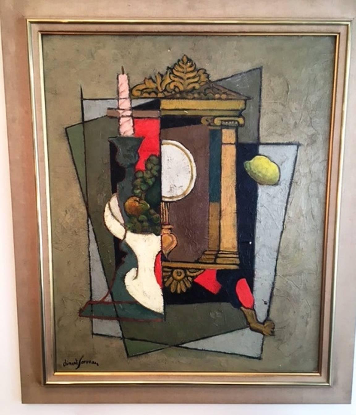 Nice oil on canvas by Clément Serveau, late 1960s-early 1970s, Cubist style.

Dimensions with original frame: 
101 x 88 cm.