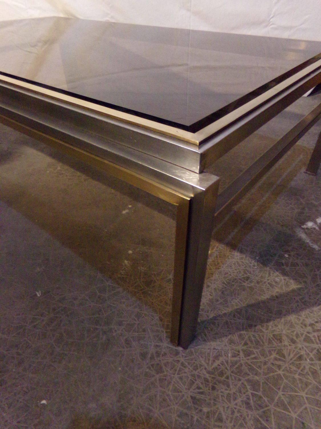 Large Willy Rizzo Coffee Table, Chrome and Gilded Metal, Smoked Glass, 1970s im Angebot 1