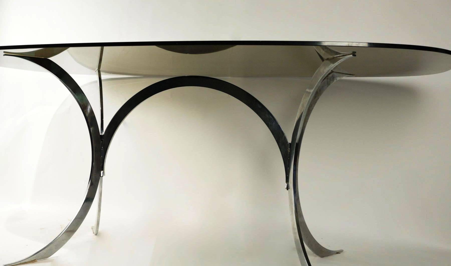 1970s Oval Dining Room Table, Chrome Base, Smoked Glass Top, French In Good Condition In Saint-Ouen, FR