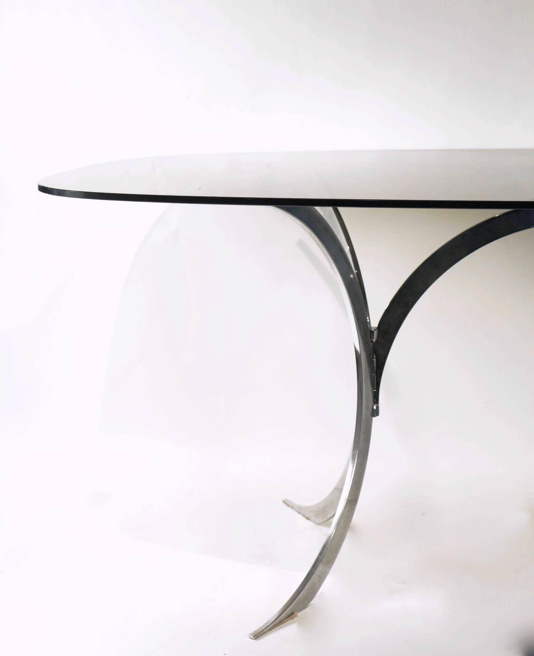 Late 20th Century 1970s Oval Dining Room Table, Chrome Base, Smoked Glass Top, French