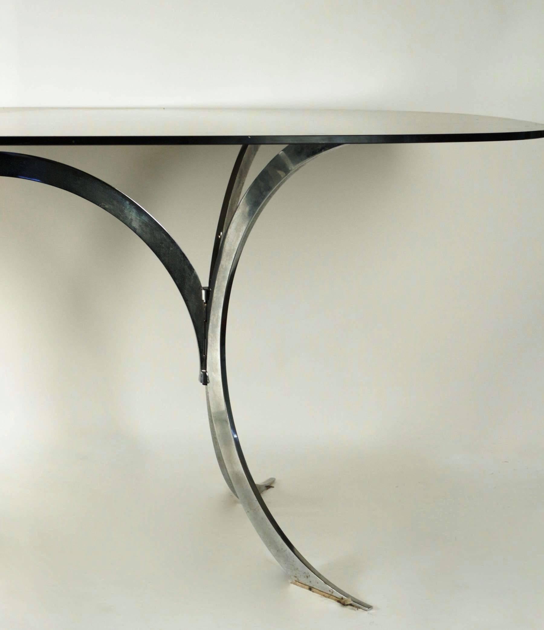 1970s Oval Dining Room Table, Chrome Base, Smoked Glass Top, French 3