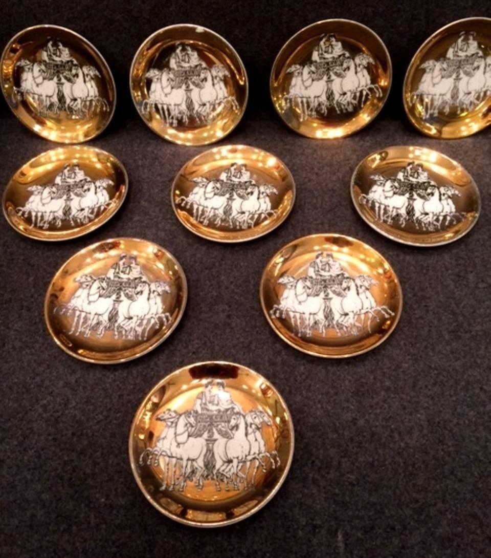 Gilt Set of Ten Fornasetti Coasters Made Exclusively for Saks, Italy, 1960s