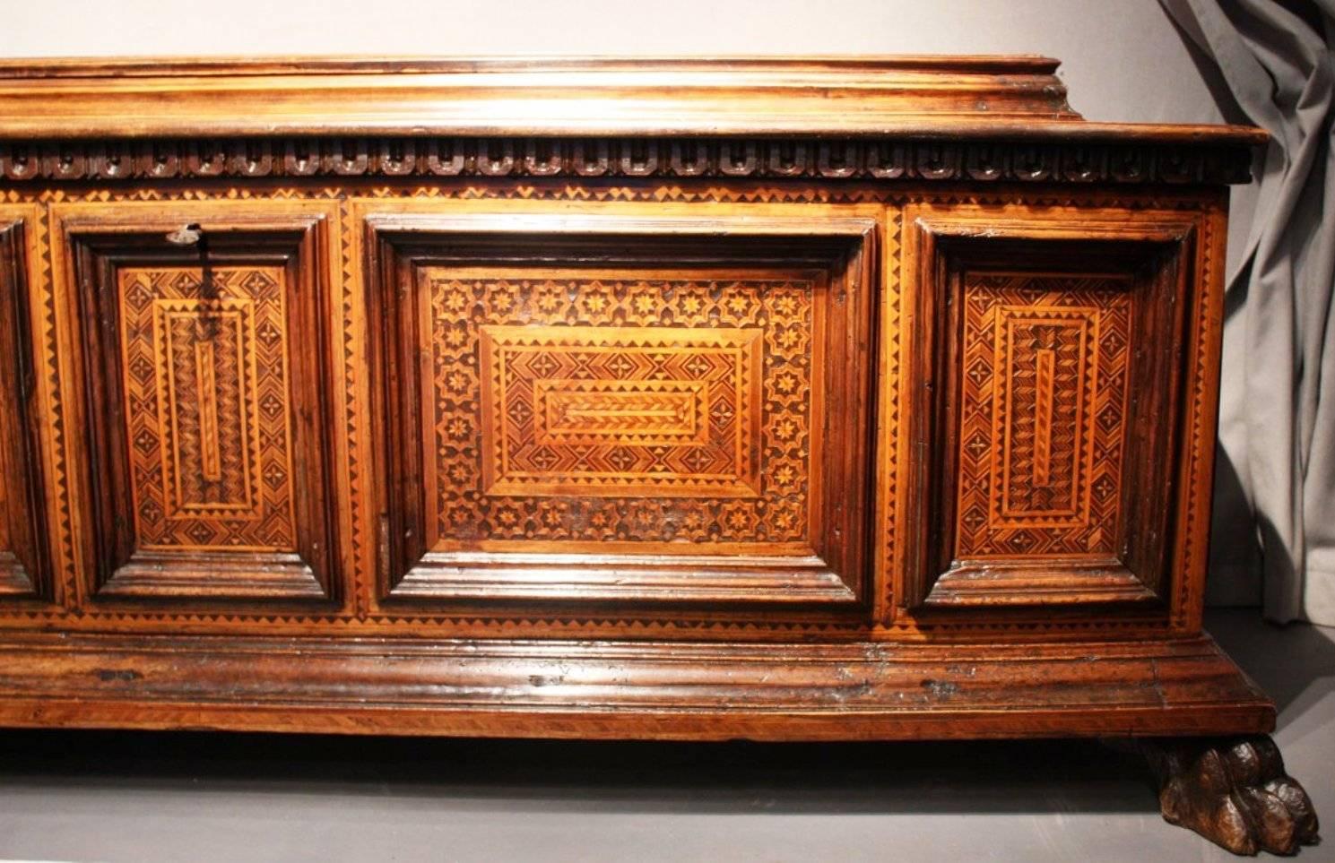 Inlay Rare Late 15th Century Inlaid Walnut Chest Cassone, Florence, Italy