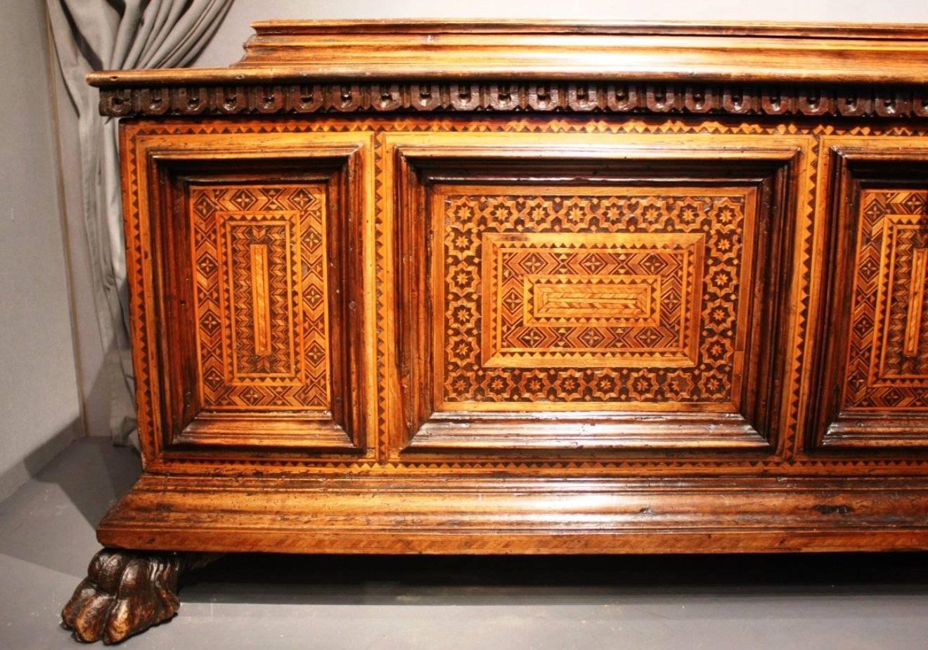 18th Century and Earlier Rare Late 15th Century Inlaid Walnut Chest Cassone, Florence, Italy