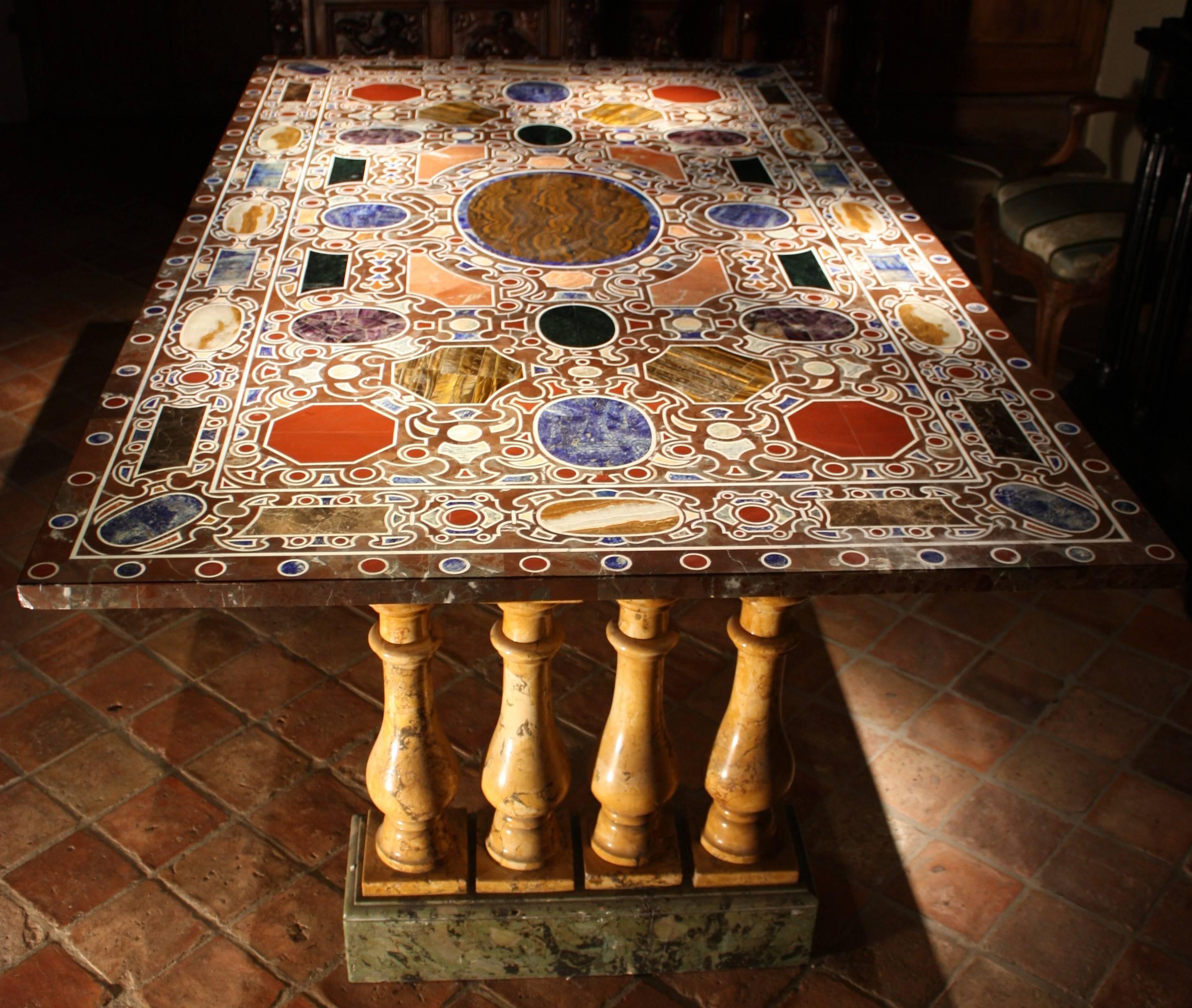 A rare 19th century Florentine table, inlay of hard stones and marble, Italy.
The tabletop with geometric inlays of marble and hard stones.
It is a 19th century copy of an original Renaissance model, that is exhibited at the Hermitage Museum,