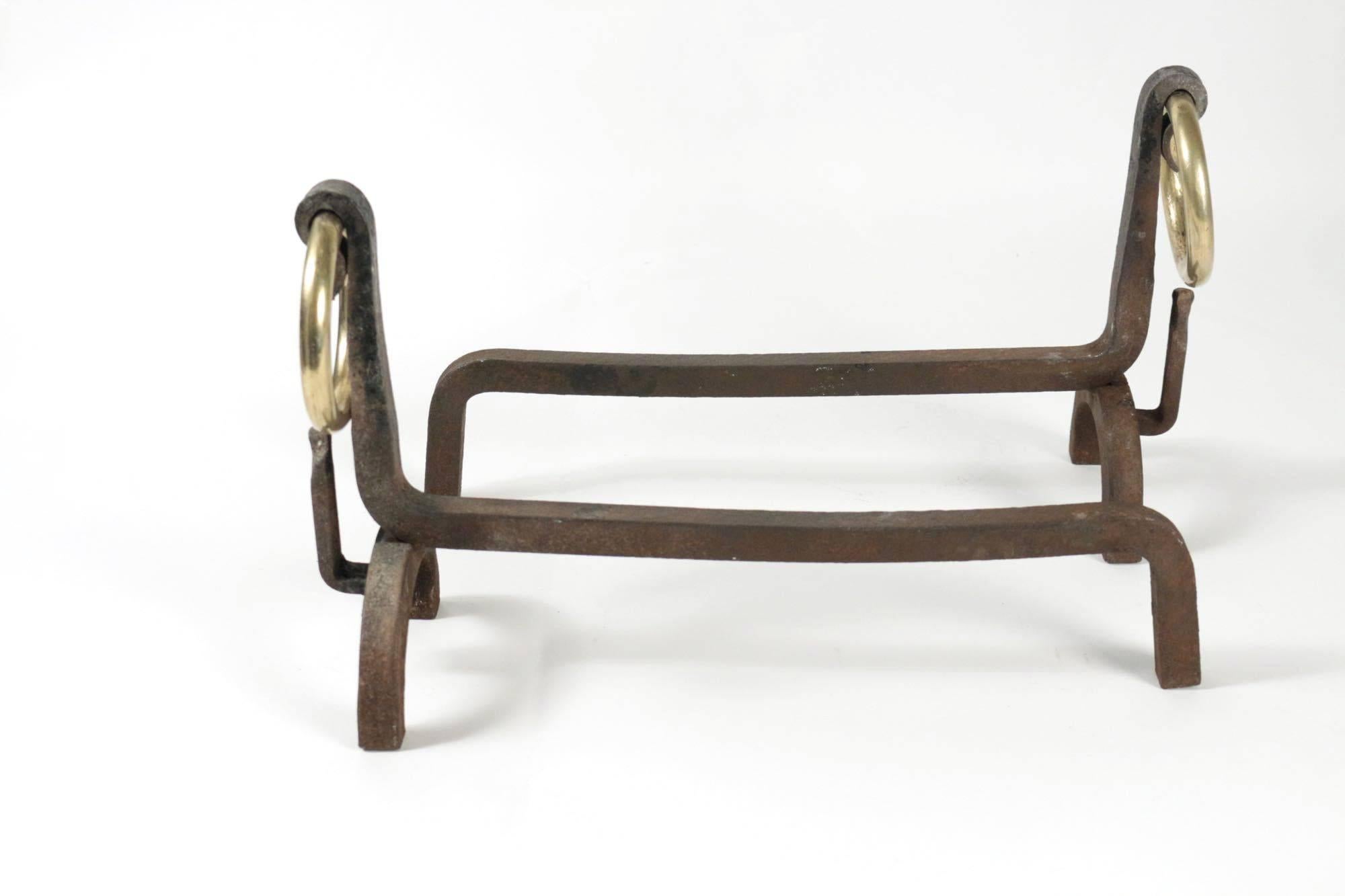 Pair of 1950s Andirons by Jacques Adnet, France.
Wrought iron and brass.
