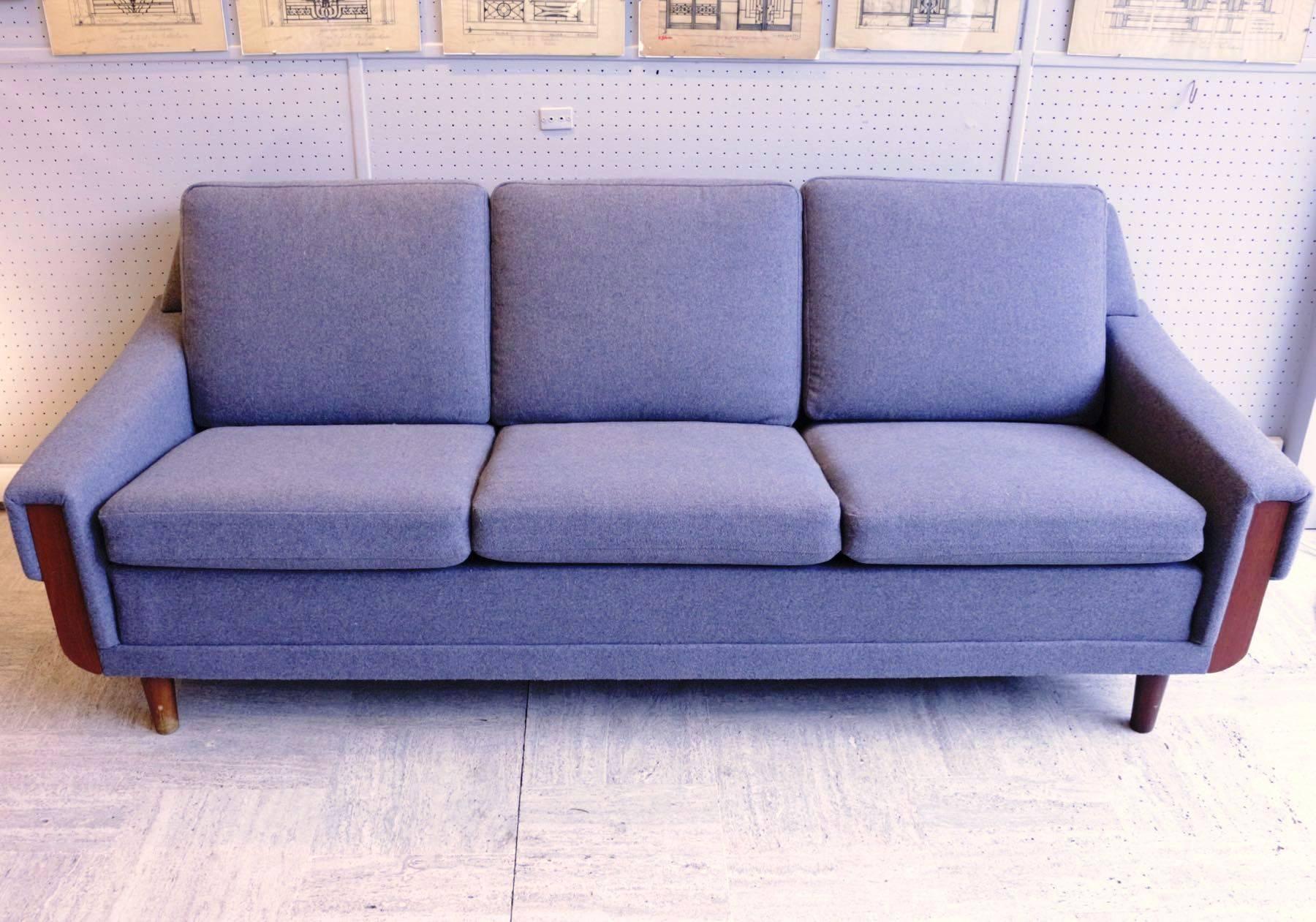 Scandinavian three-seat sofa, new grey flannel upholstery, 1960s-1970s.
