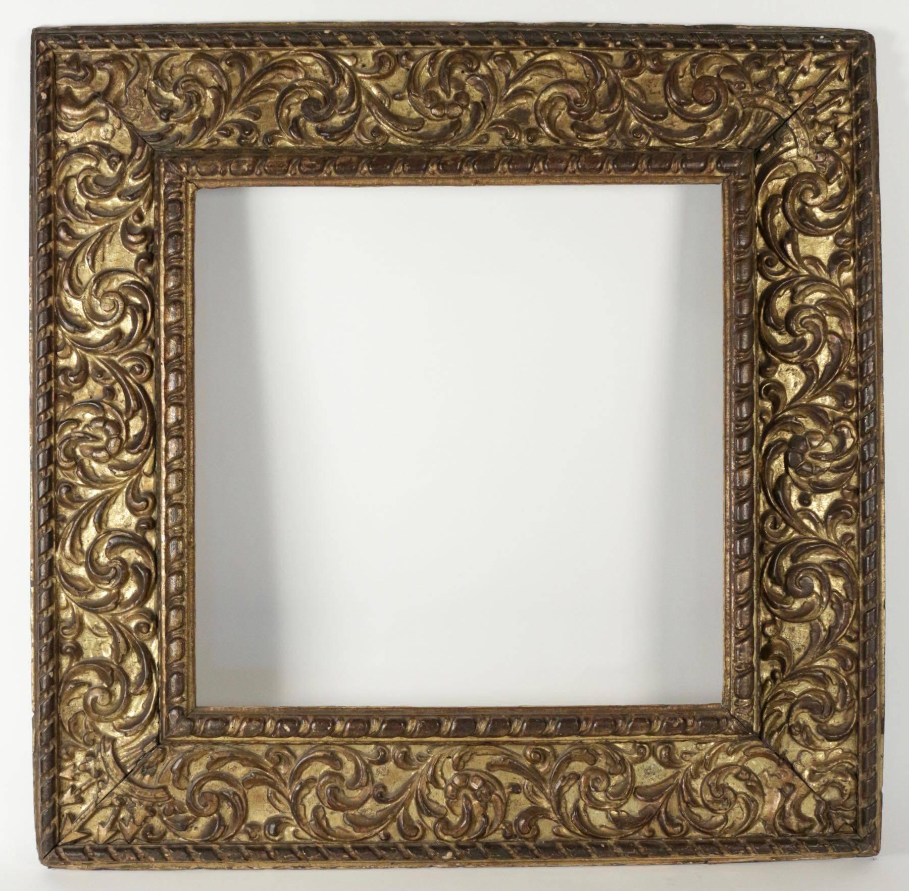 Fabulous Italian frame mounted as mirror, Northern Italy, late 16th century, early 17th century,
carved giltwood,
resized
Sight size as frame is 67 cm x 68 cm.