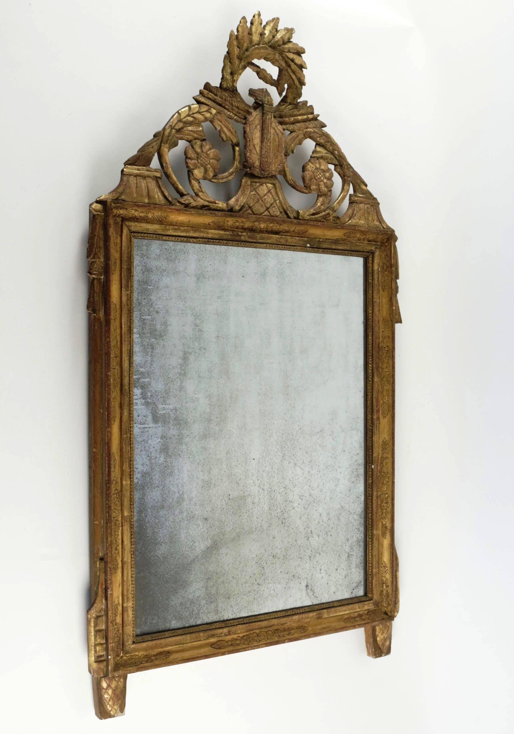 French Beautiful Late Louis XVI Period Carved Giltwood Mirror France, Late 18th Century