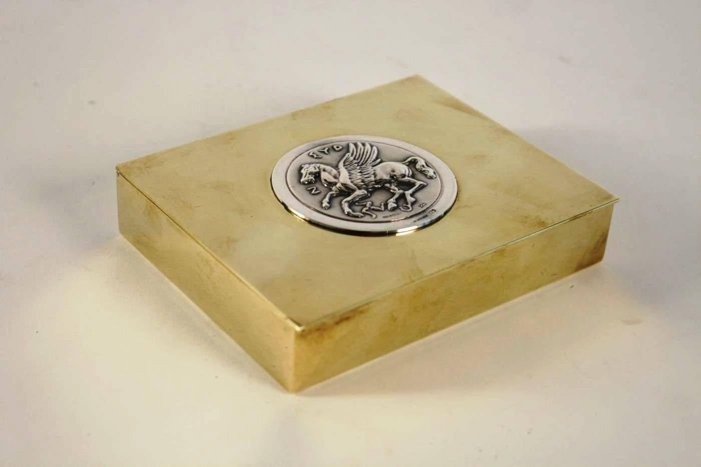 Greek Rare Pegasus Cigarette Box by Lalaounis, Brass and Silver, 1970s