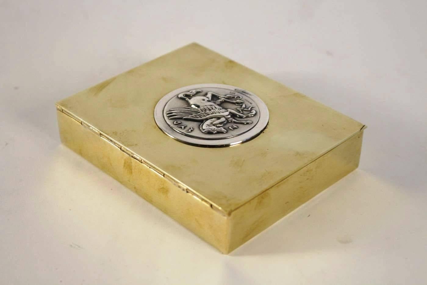 Rare Pegasus Cigarette Box by Lalaounis, Brass and Silver, 1970s In Excellent Condition In Saint-Ouen, FR