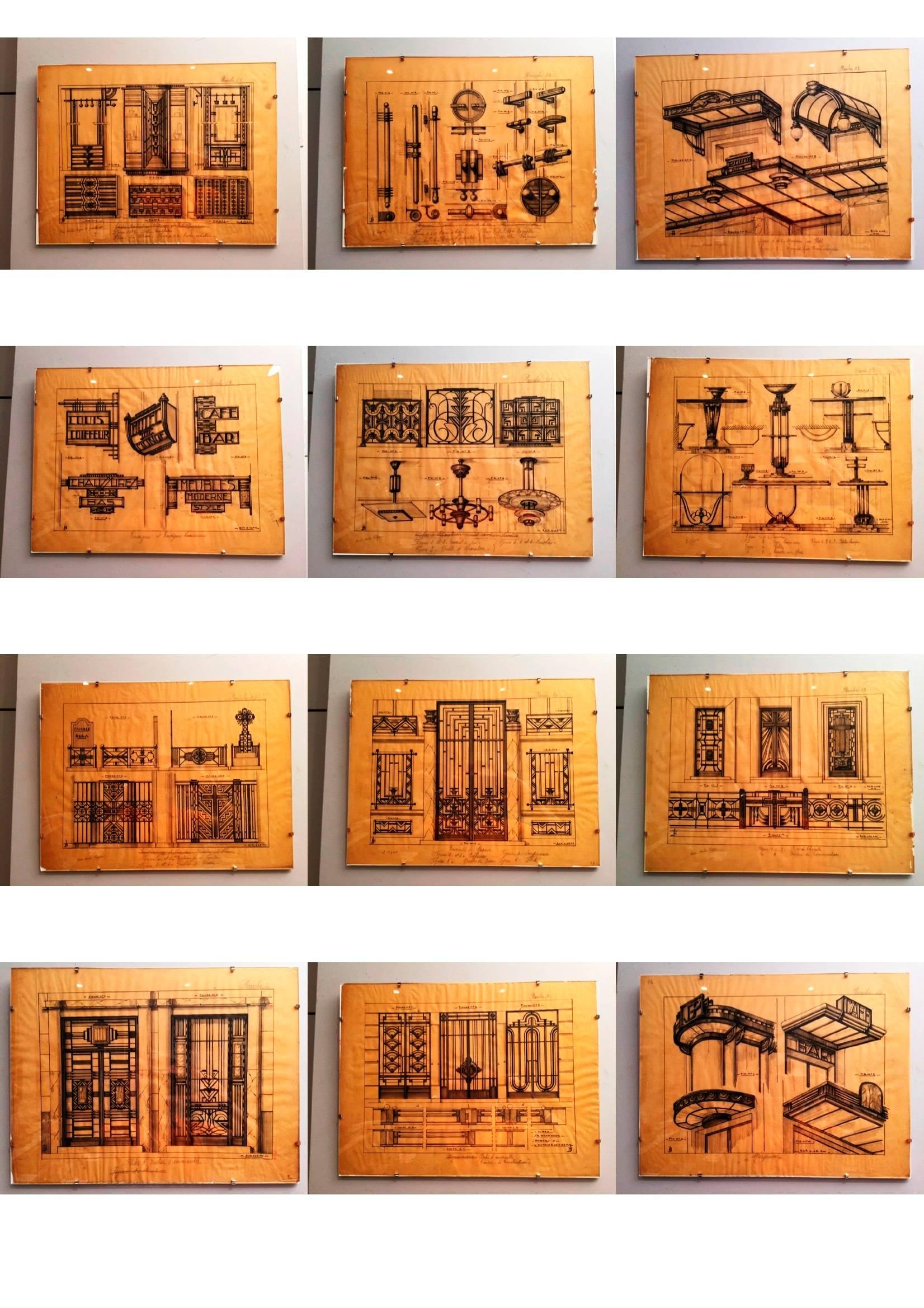 Rare  set of 28 original Art Deco period drawings of Decorative Metalworks.
These are the original preparatory architecture drawings, on tracing paper, for a book of plates that was published in the 1930s:

