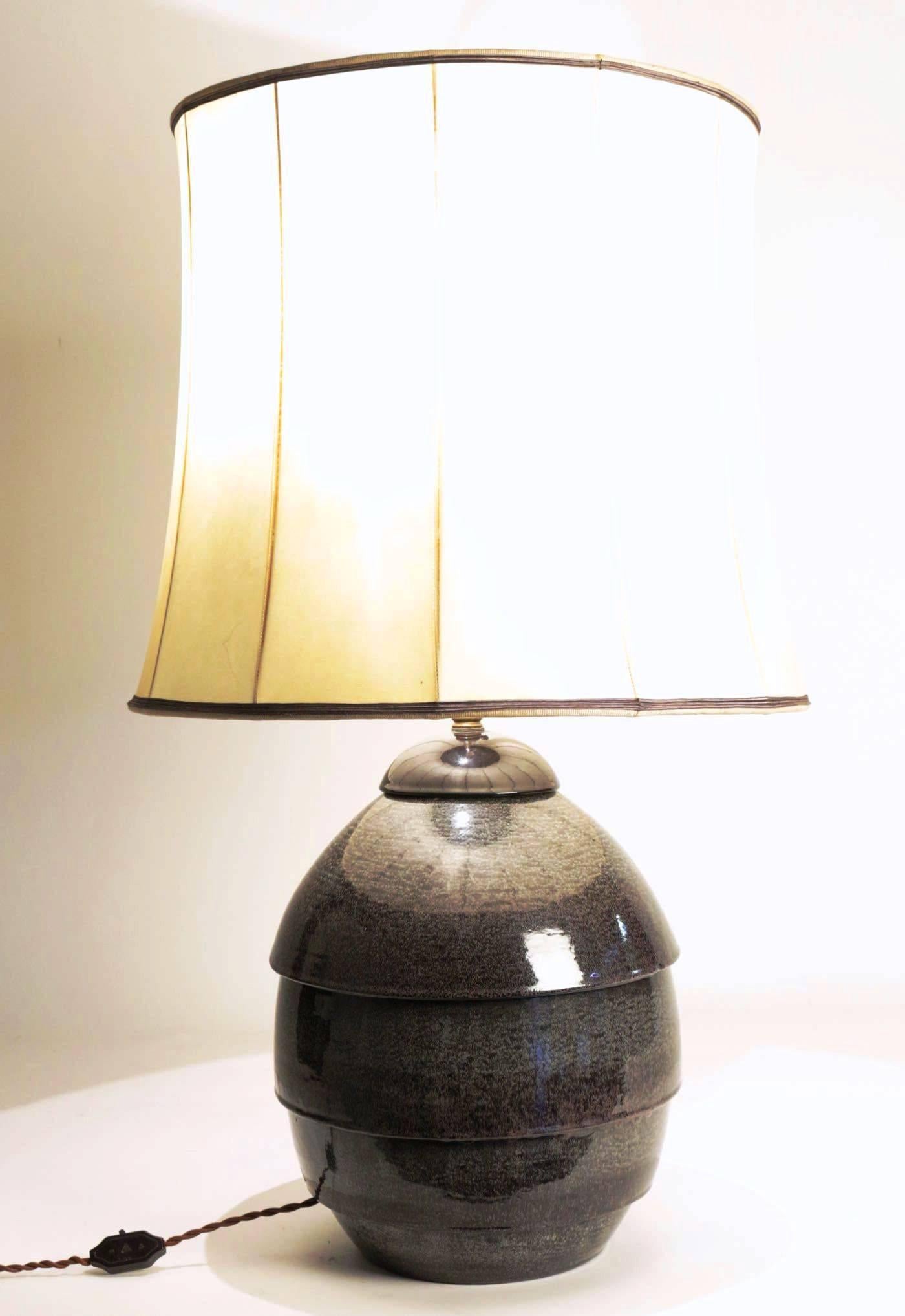 Rare and beautiful grey ceramics lamp by Andre Fau, 1896-1985, France, 1950s (with original shade)
Manufacture de Bordeaux
Fau studied decorative arts at the École des Beaux-Arts and under Gabriel Ferrier.

Since 1919 dedicated himself to