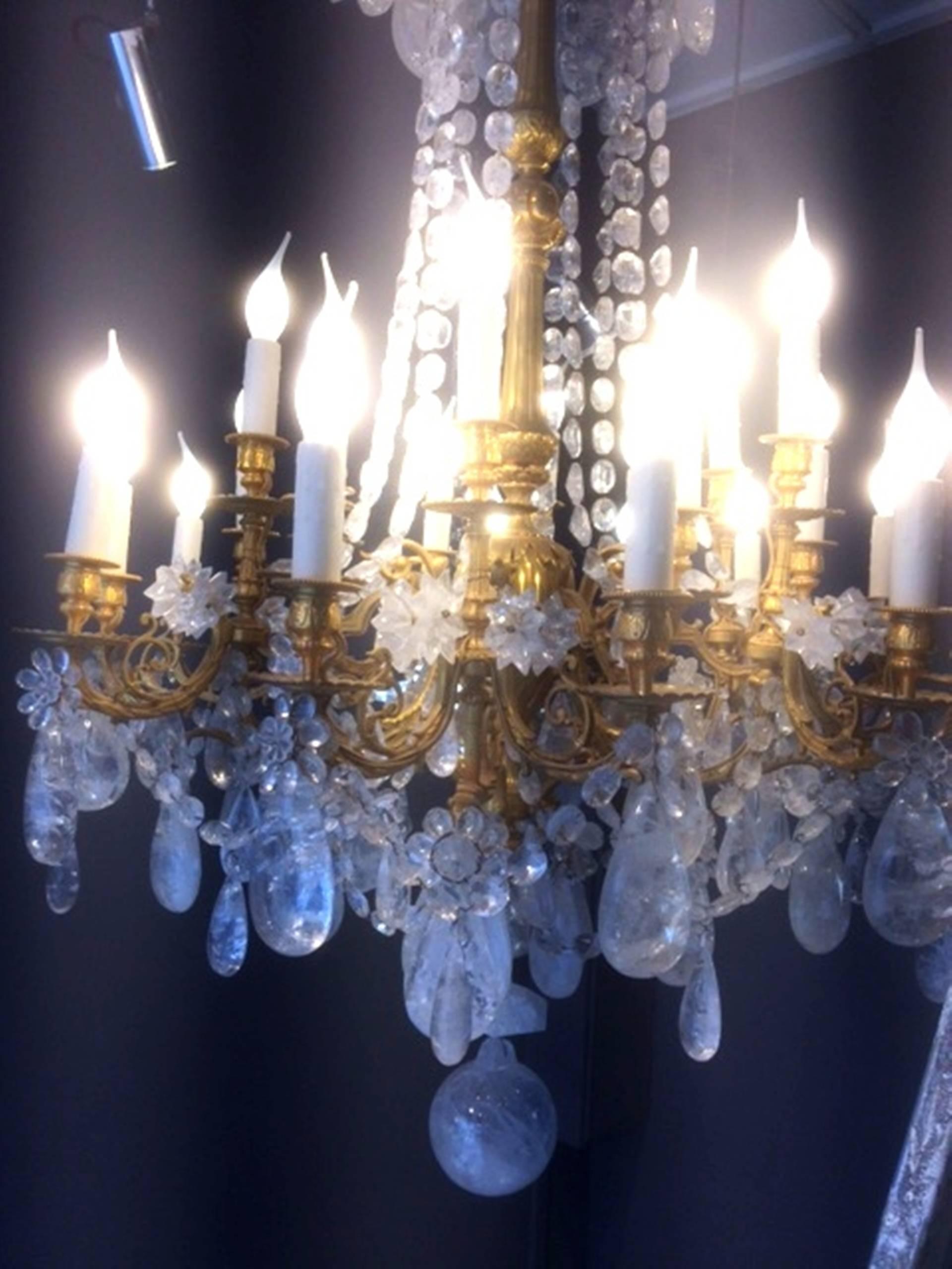 Fabulous rock crystal and chiseled gilt bronze chandelier, Lousi XVI style, 2016
early 20th century structure in gilt bronze with custom carved rock crystal drops and pearls.
24 lights
Absolutely spectacular
One of a kind.