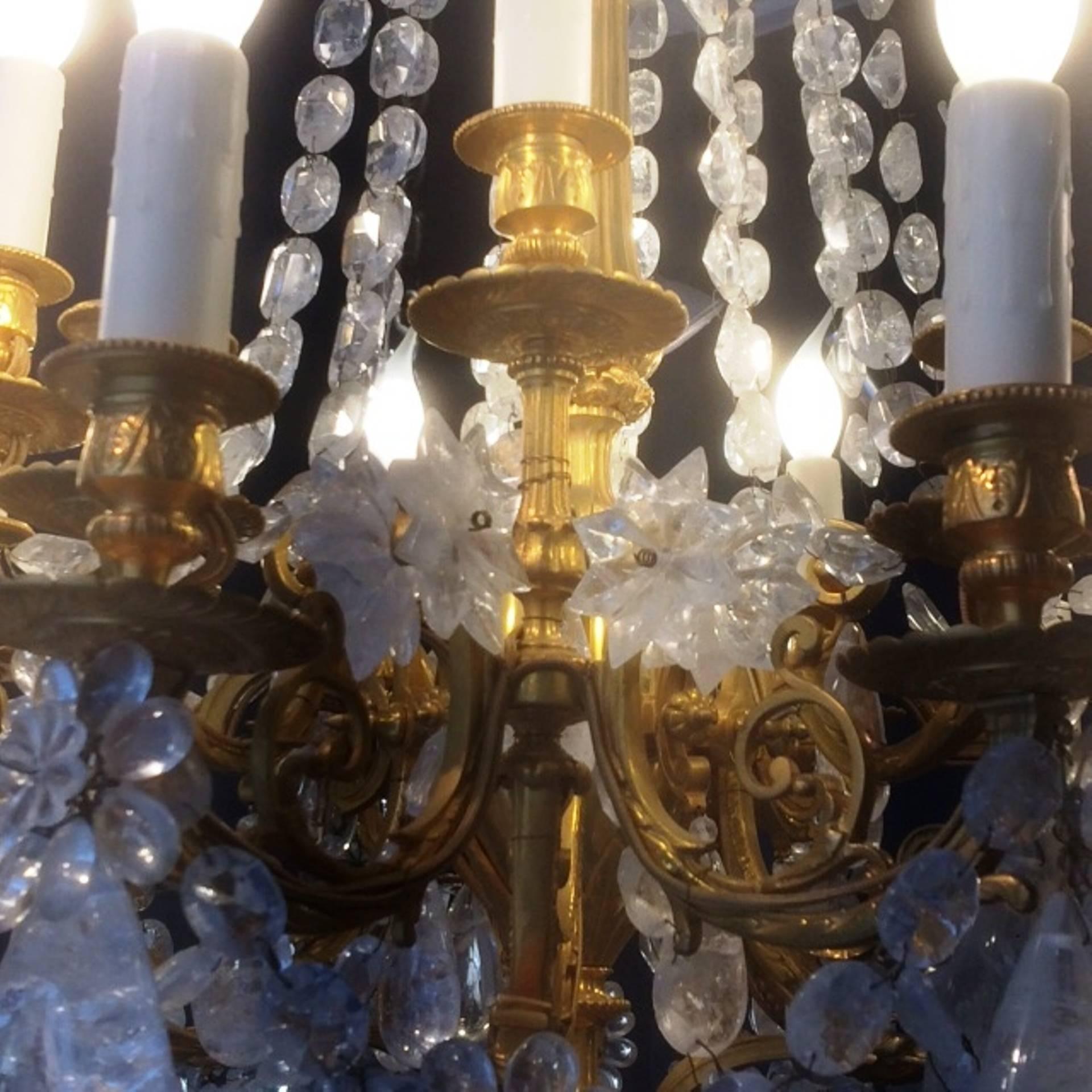 Hand-Carved Fabulous Rock Crystal and Chiseled Gilt Bronze Chandelier, Lousi XVI Style, 2016 For Sale