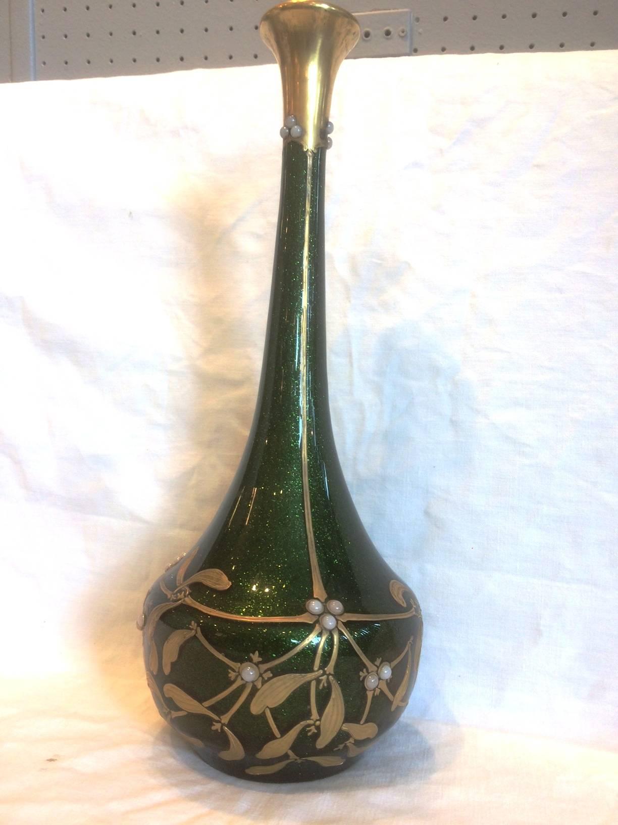 Rare large green Advanturine and gilded Mistletoe glass vase by Montjoye, 1900s
The mistletoe fruits are made of glass pearls. 
Signed on the base.
One pearl missing on top.