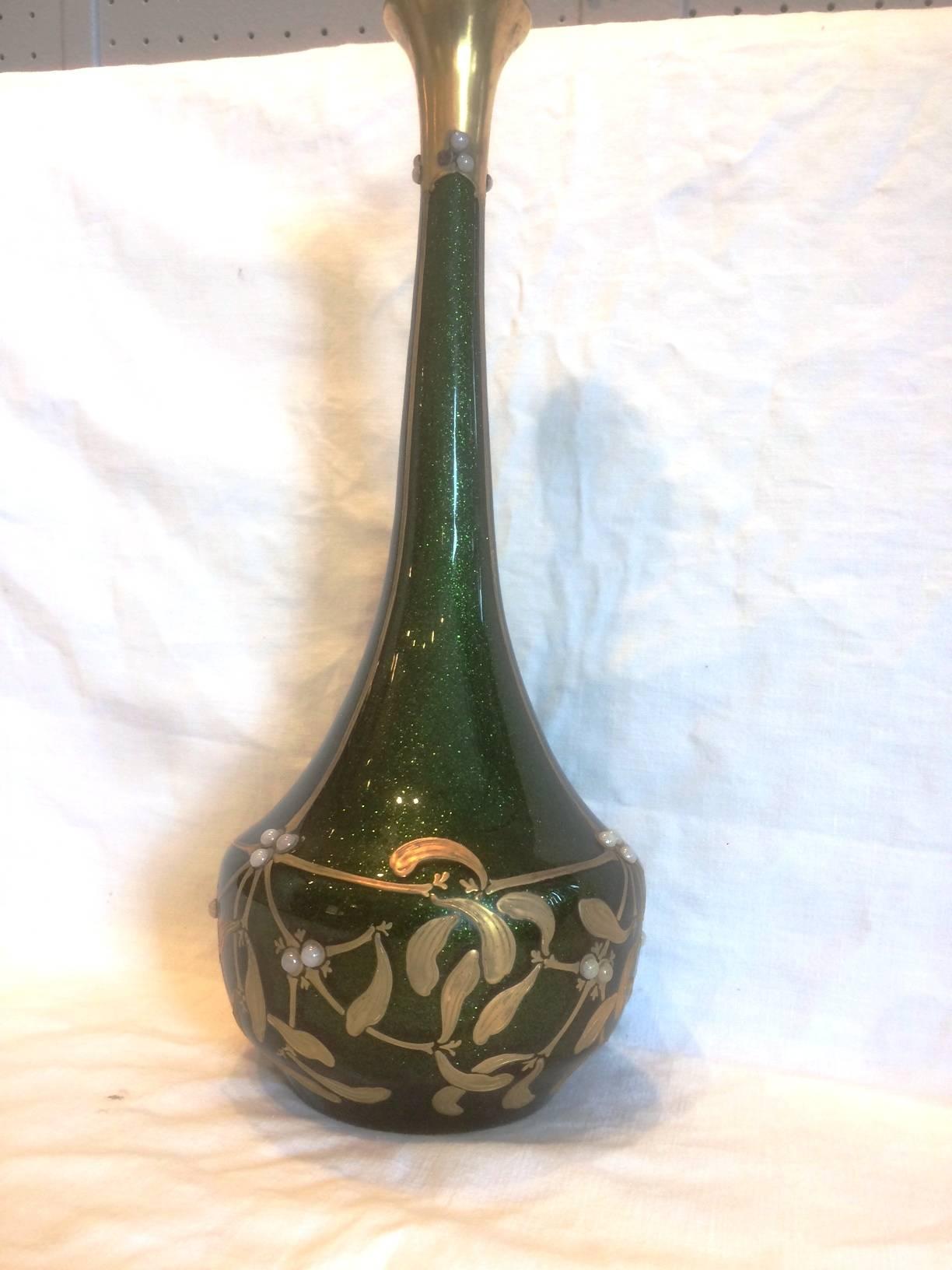 Art Nouveau Rare Large Green Advanturine and Gilded Mistletoe Glass Vase by Montjoye, 1900s