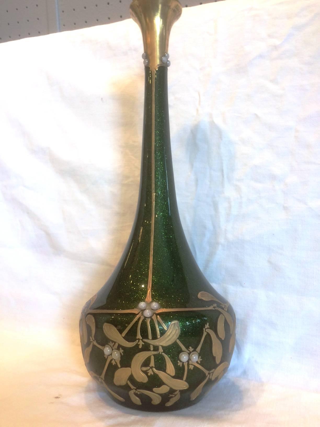 French Rare Large Green Advanturine and Gilded Mistletoe Glass Vase by Montjoye, 1900s