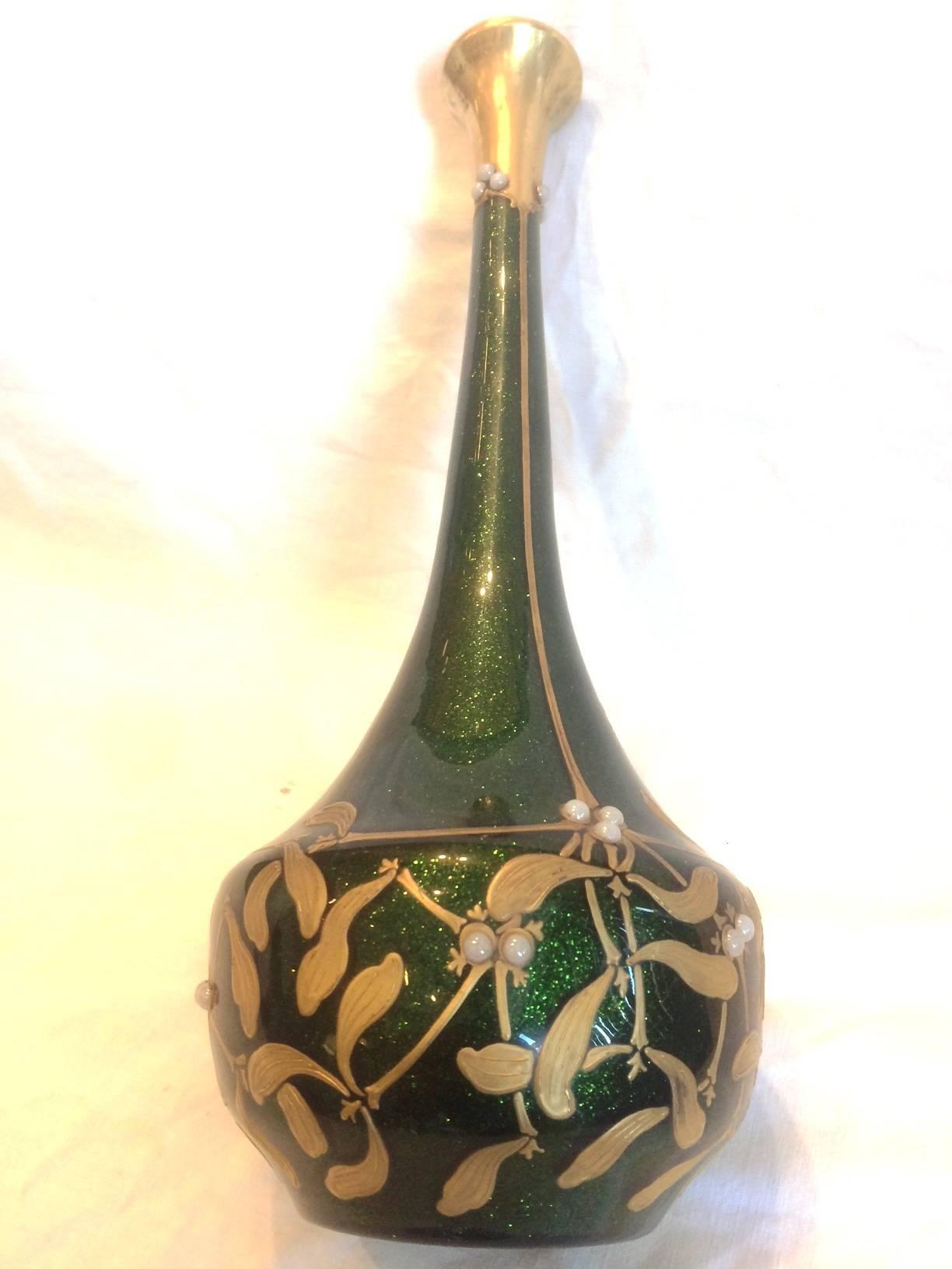 Rare Large Green Advanturine and Gilded Mistletoe Glass Vase by Montjoye, 1900s 2