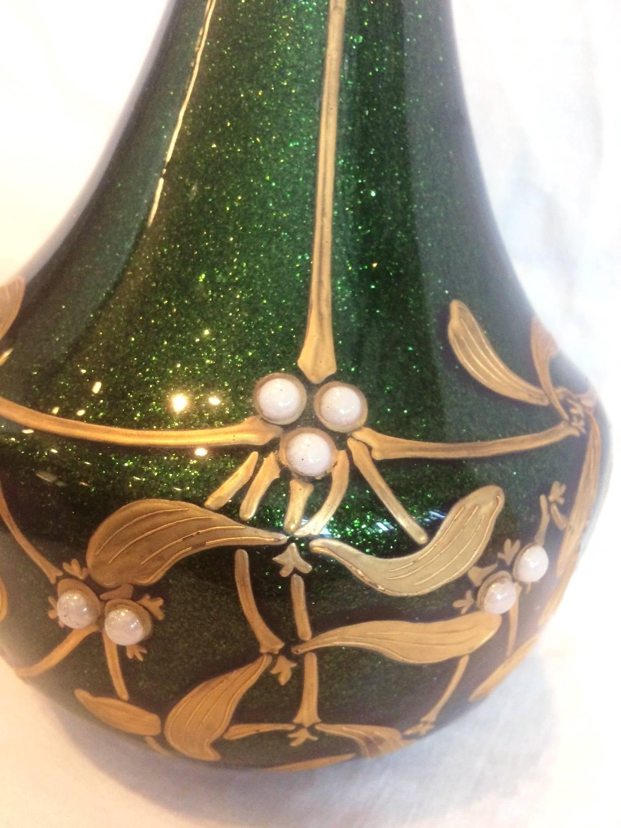 Rare Large Green Advanturine and Gilded Mistletoe Glass Vase by Montjoye, 1900s 3