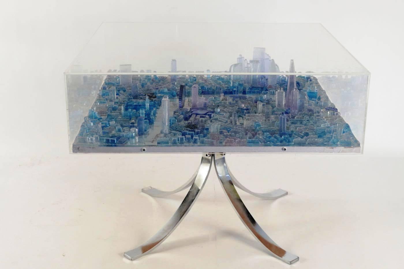 Fabulous coffee or side table by Grigoris Lagos, molded resin, 2015, unique piece
with 1970s table base
from the cityscapes series.